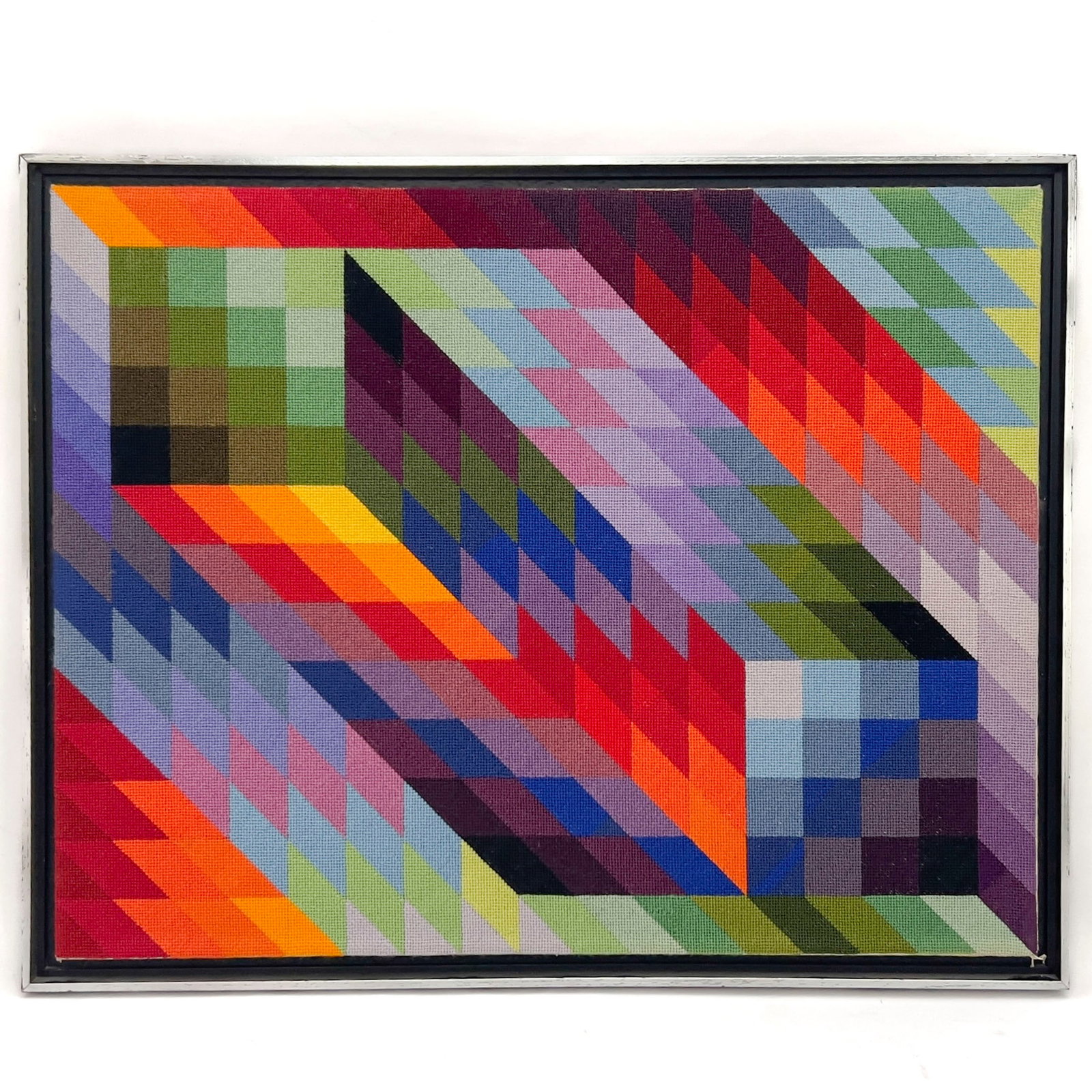 Vasarely Style Op Art Needlepoint: Lot 186 Vasarely Style Op Art Needlepoint wool 22 1/4 x 28 1/2 inches Frame details: wood frame, dimensions: 24 x 30 1/4 Provenance: Property from an Upper East Side Collection