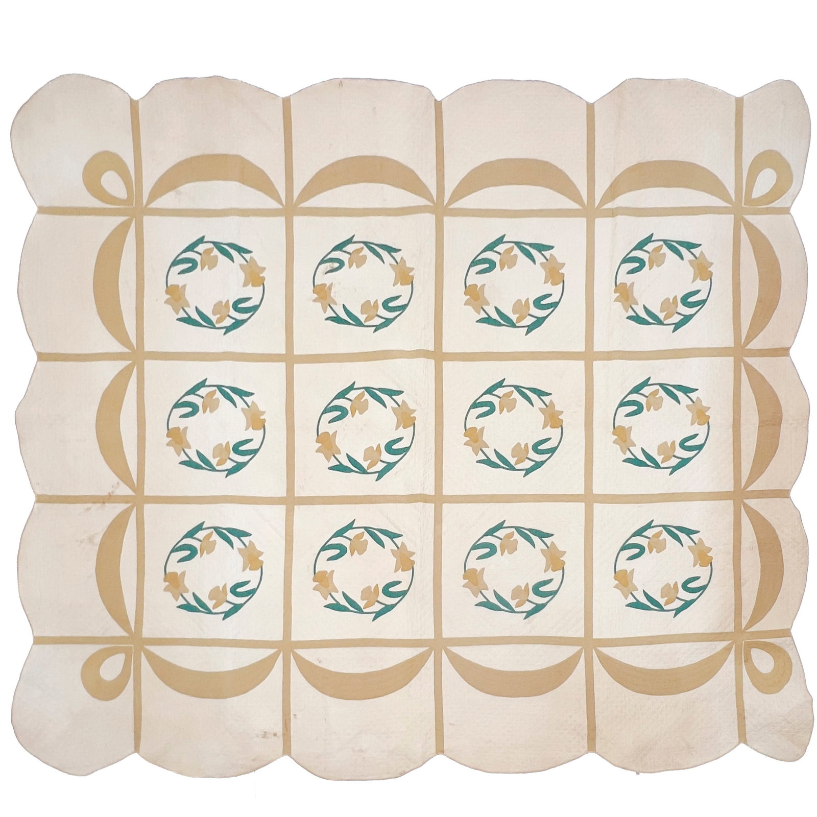 Daffodil Wreath Quilt with Scalloped Edge: Lot 187 Daffodil Wreath Quilt with Scalloped Edge cotton 100 x 80 inches Description: An American appliqué quilt of rectangular form featuring a twelve-block daffodil wreath design in tan and