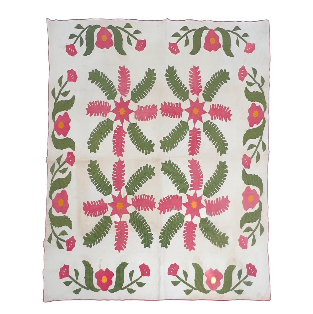 Princess Feather Quilt: Lot 189 Princess Feather Quilt cotton 98 x 96 inches Description: An American appliqué quilt of rectangular form featuring a four-block Princess Feather design in red and green cotton on a white