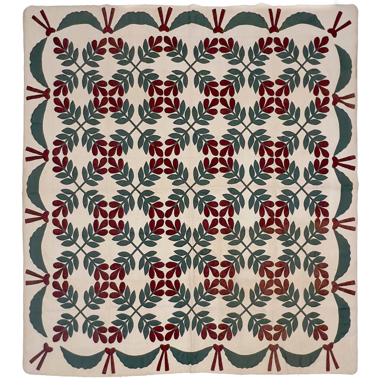 Laurel Leaf Quilt: Lot 192 Laurel Leaf Quilt cotton 90 x 92 inches Description: An American appliqué quilt of rectangular form featuring a \”Crossed Laurel Leaves\” variation pattern with hand-stitched 