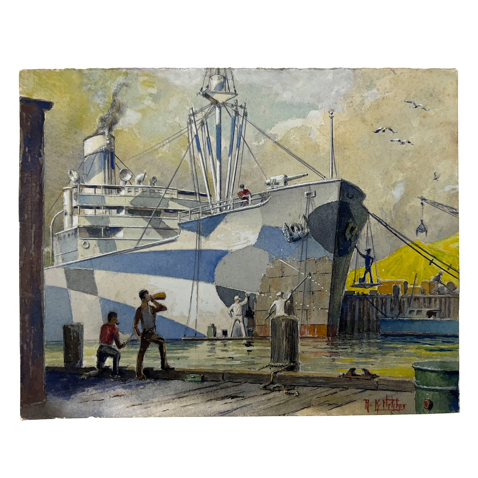 Richmond K. Fletcher - Untitled (Ship Being Dazzle Painted): Lot 26 Richmond K. Fletcher American (1885-1965) Untitled (Ship Being Dazzle Painted) watercolor and gouache on paper 11 x 14 inches signed lower right Frame details: unframed Provenance: From the