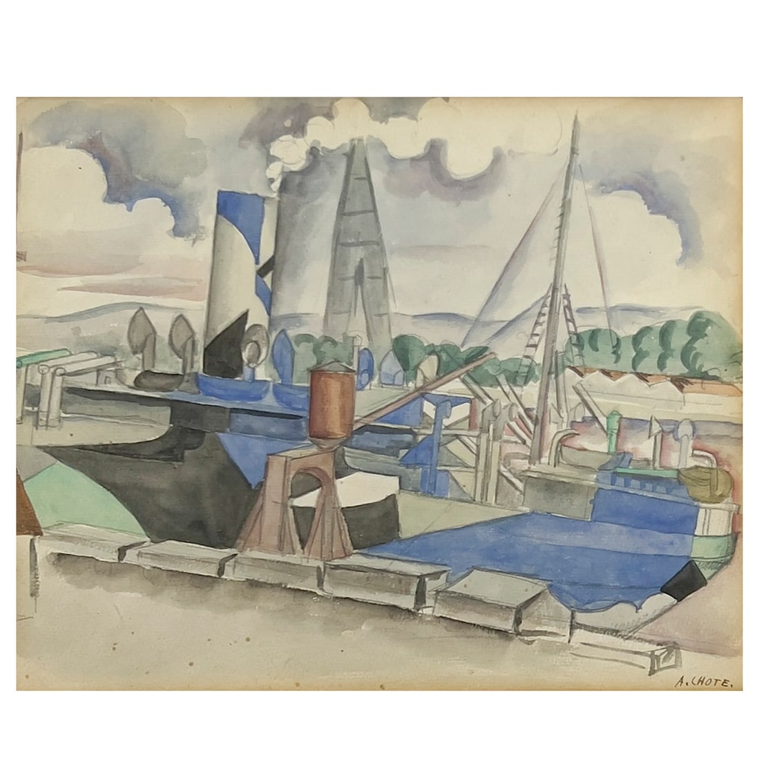 André Lhote - Untitled (Ship in Port): Lot 33 André Lhote French (1885-1962) Untitled (Ship in Port) (c. 1917) watercolor and pencil on paper laid-down to cardboard 8 7/8 x 10 3/4 inches signed lower right Frame details: wood frame