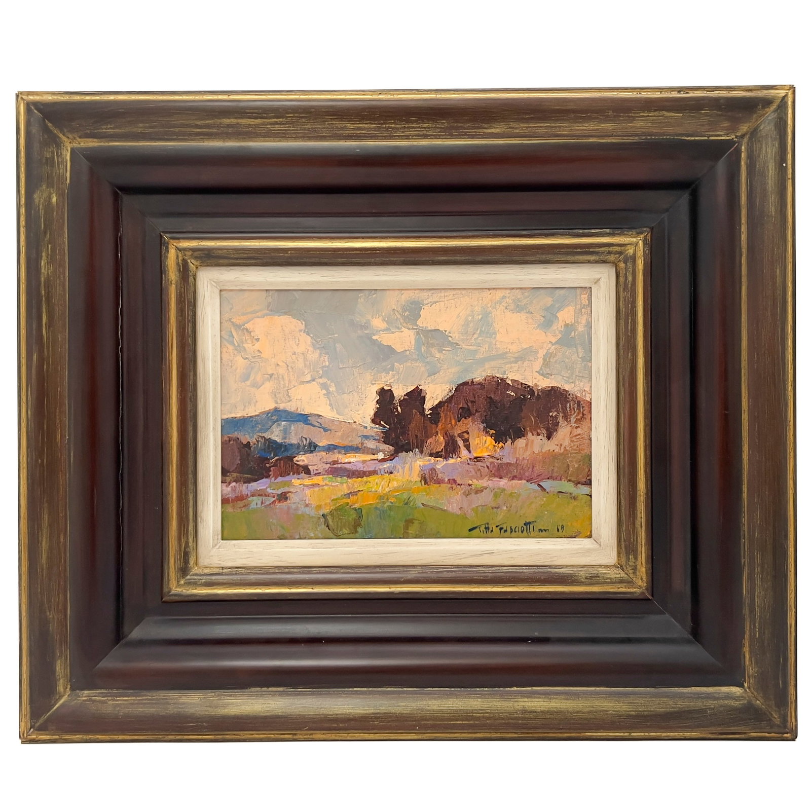 Titta Fasciotti - Untitled (Landscape): Lot 55 Titta Fasciotti Italian (1927-1993) Untitled (Landscape) (1989) oil on panel sight: 6 5/8 x 9 3/4 inches signed and dated lower right Frame details: wood frame, dimensions: 16 3/8 x 19 3/8