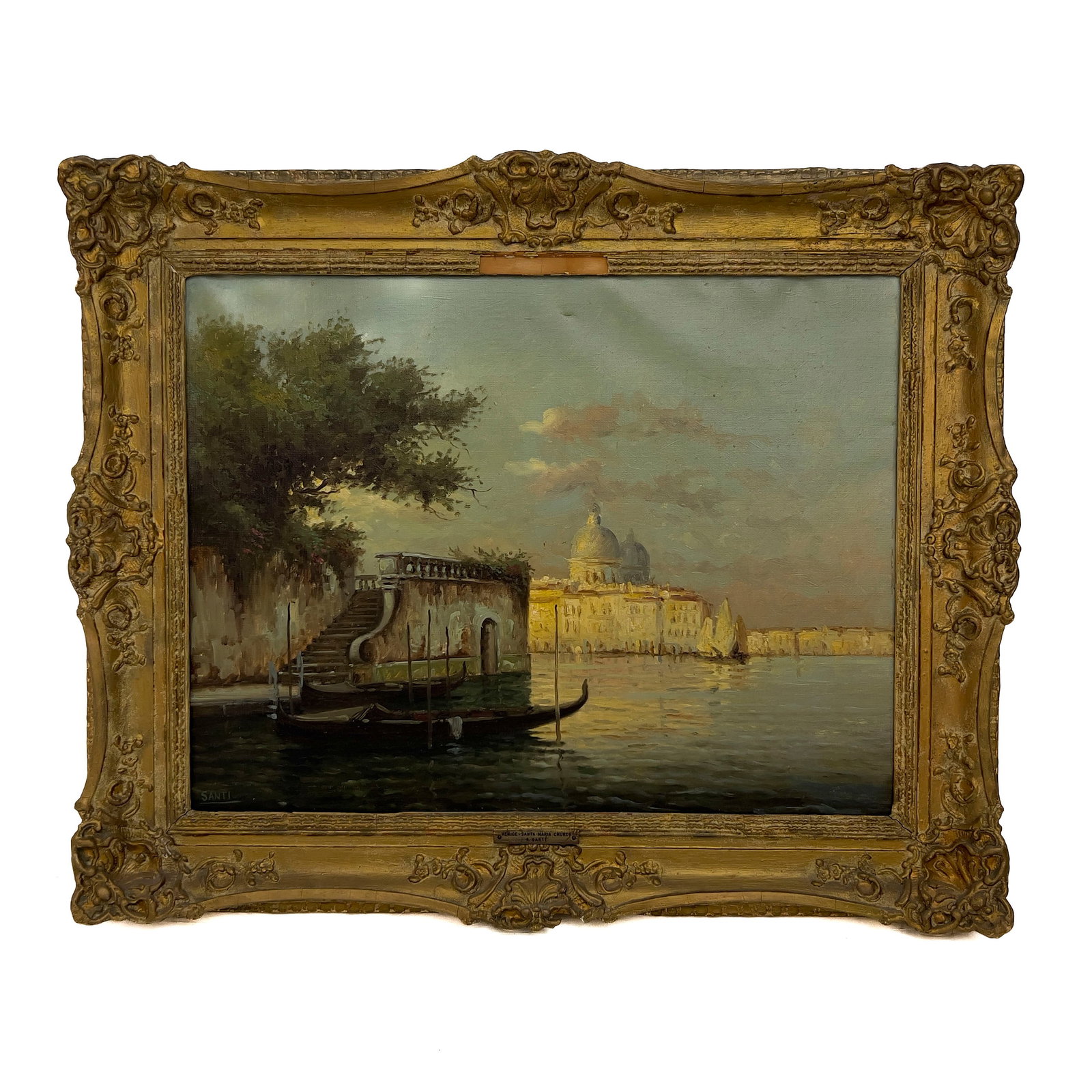 Unknown Artist - Untitled (Venice, Santa Maria Church): Lot 63 Unknown Artist Untitled (Venice, Santa Maria Church) oil on canvas 19 1/2 x 25 1/2 inches signed \”Santi\” Description: A twentieth-century Venetian cityscape painting executed in