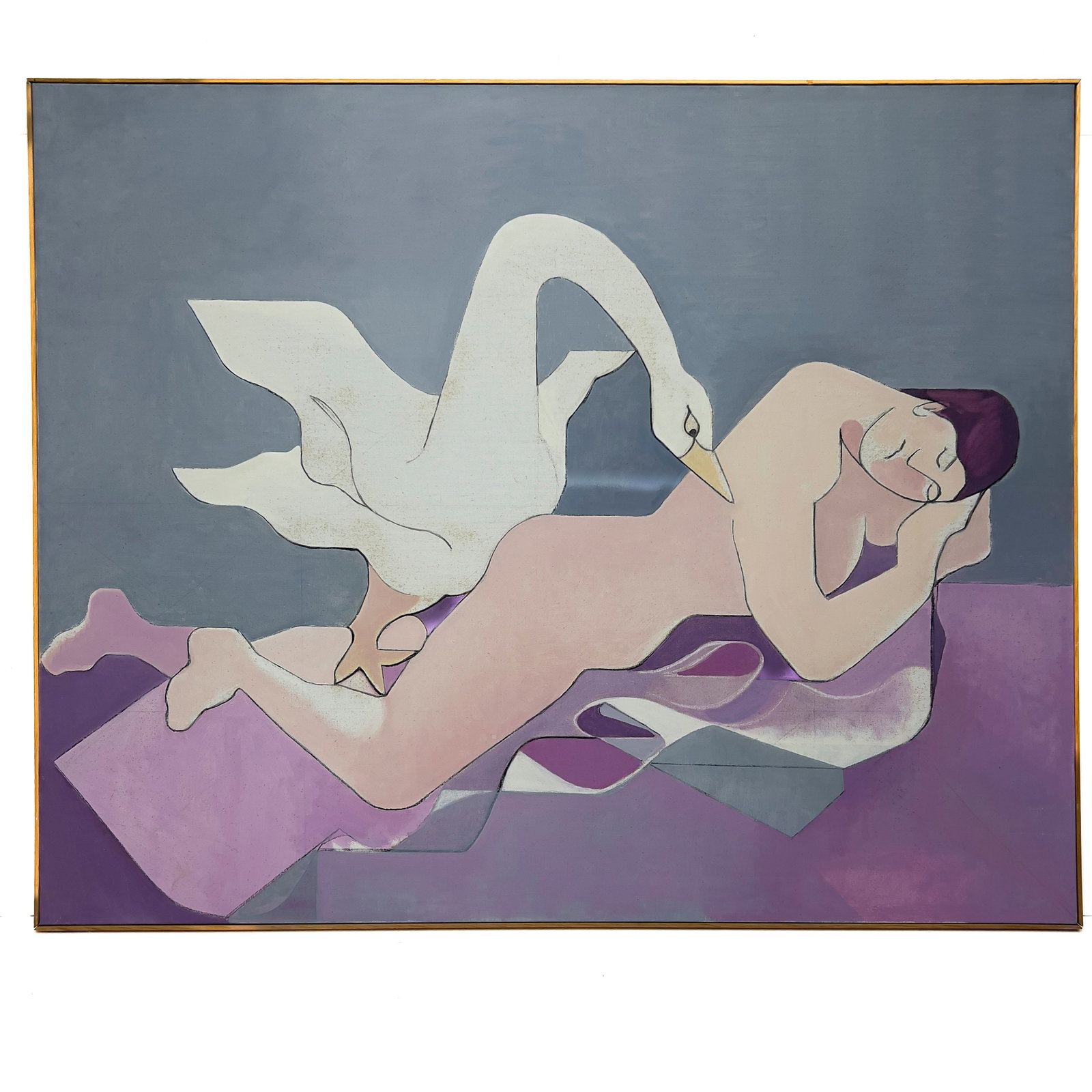 Leonard Alberts - Leda and the Swan: Lot 70 Leonard Alberts American (1924-2010) Leda and the Swan oil on canvas 50 x 62 inches Description: with estate number Frame details: overall dimensions: 50 1/2 x 62 1/2 x 2 inches, woo
