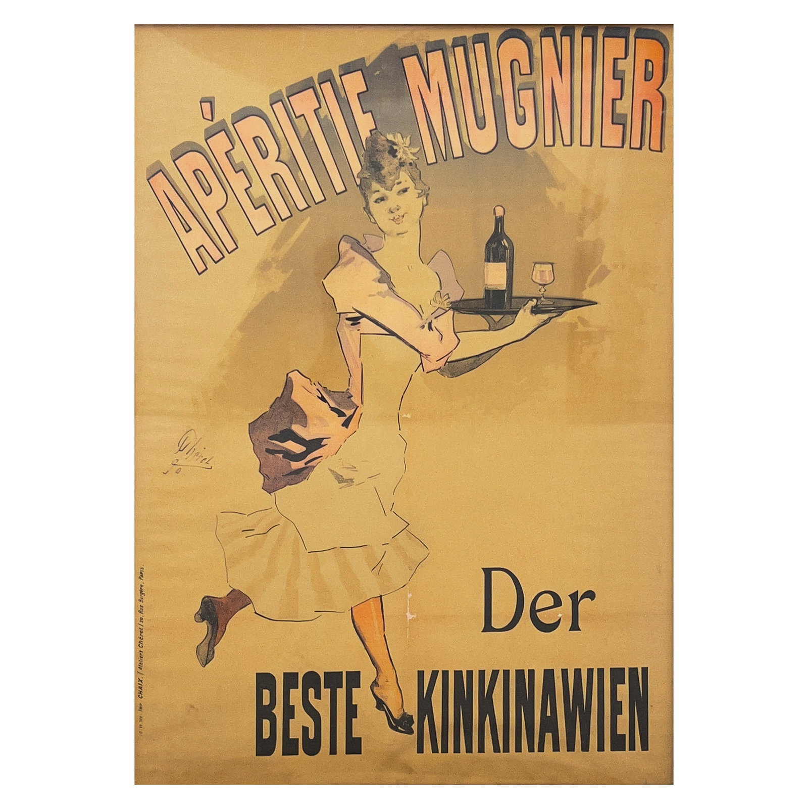 Jules Chéret - Apéritif Mugnier (Quinquina) Poster: Lot 81 Jules Chéret French (1836-1932) Apéritif Mugnier (Quinquina) Poster lithograph sight: 46 3/4 x 33 1/2 inches Description: An Art Nouveau period color lithograph advertising poster de