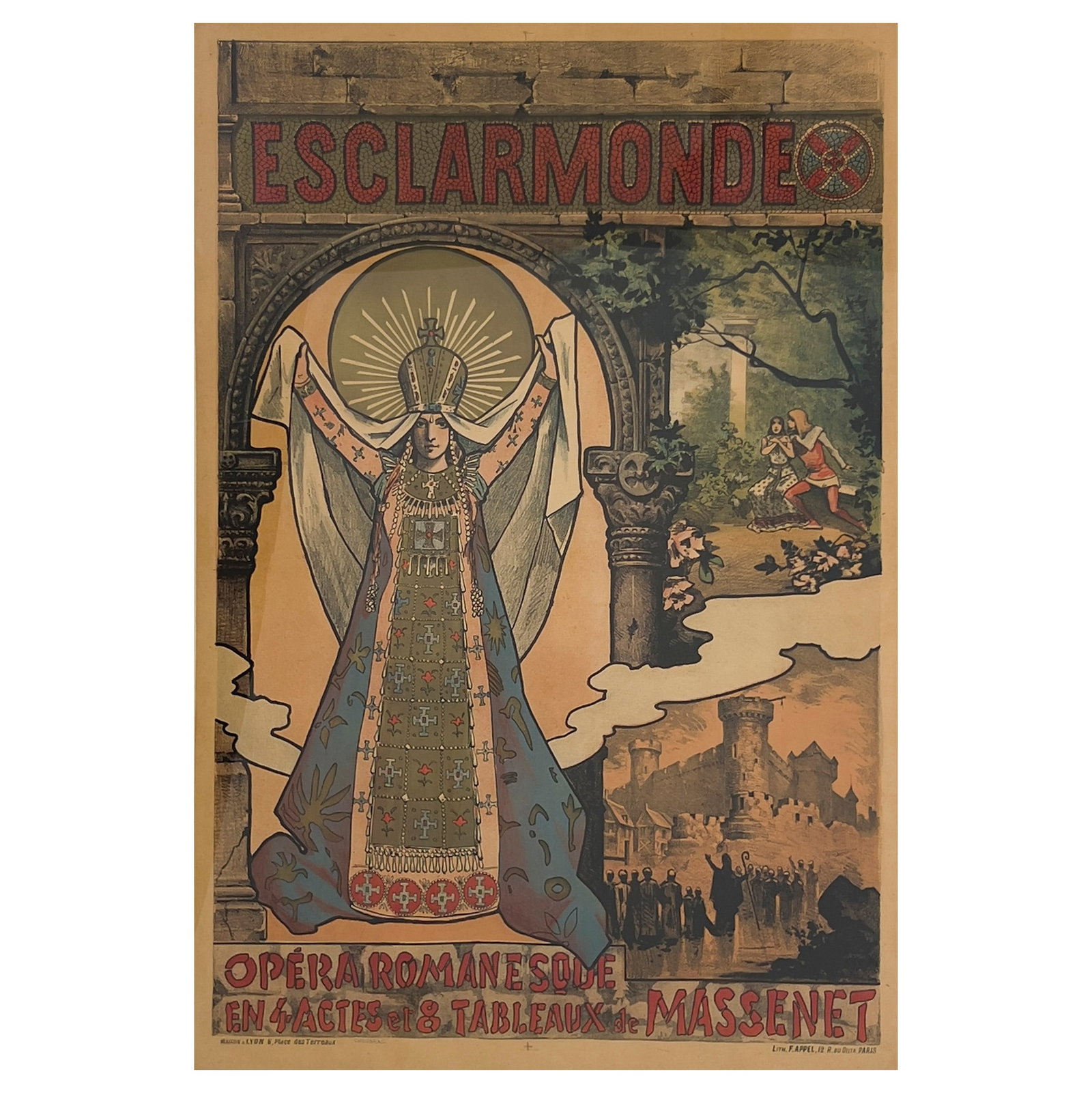Alfred Choubrac - Esclarmonde: Lot 83 Alfred Choubrac French (1853-1902) Esclarmonde lithograph 47 1/8 x 31 3/4 inches Description: Art Nouveau advertising poster for the Jules Massenet opera Esclarmonde. Printed by F. Appel, Pari