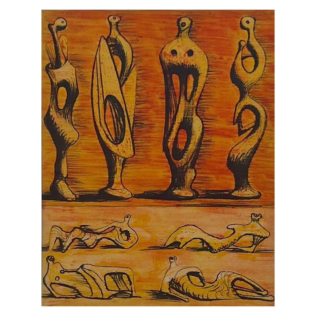 Henry Moore - Standing and Reclining Figures: Lot 110 Henry Moore British (1898-1986) Standing and Reclining Figures (1950) lithograph in colors sight: 11 1/2 x 8 3/4 inches Description: An original printer's proof lithograph in three colors on