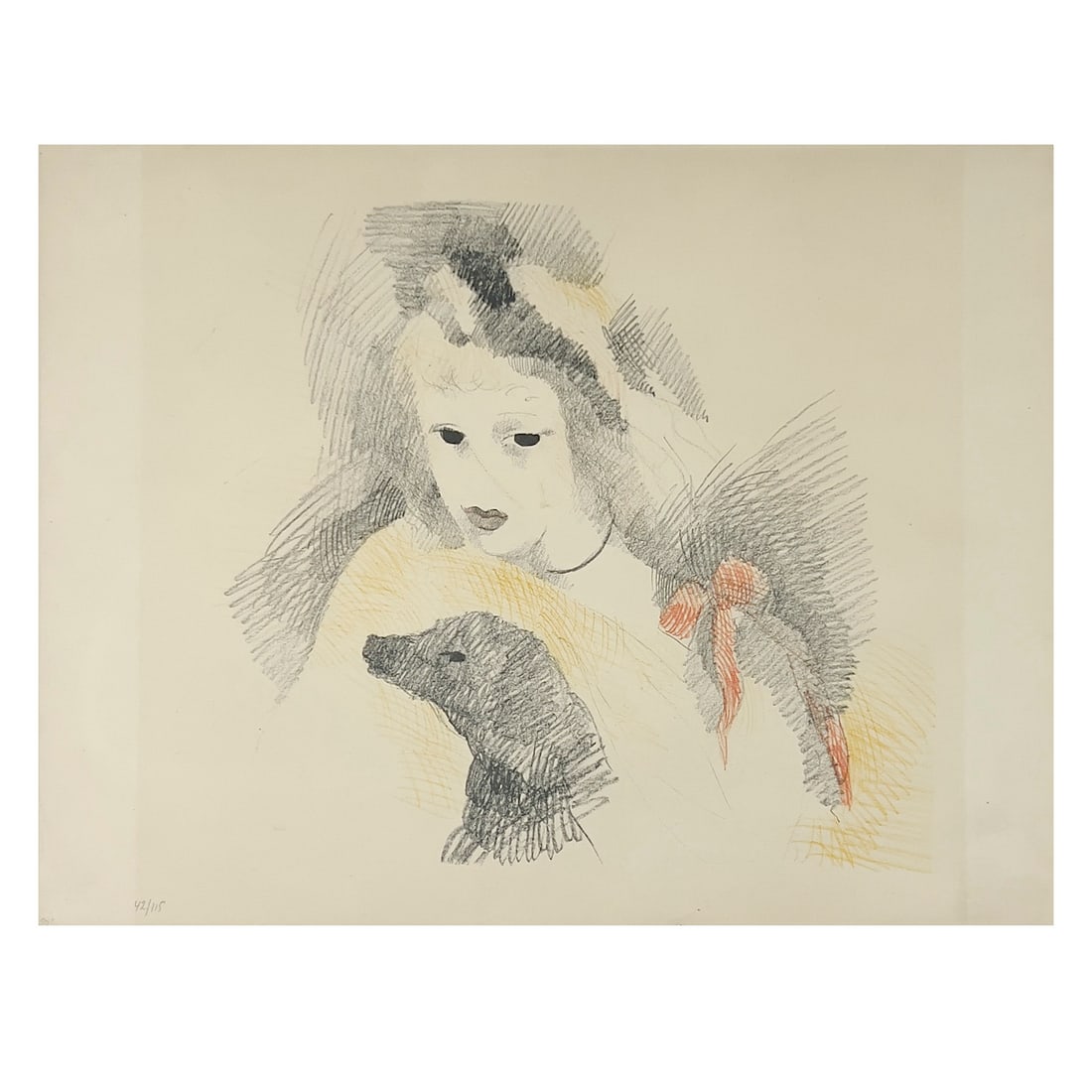 Marie Laurencin - Femme avec chien: Lot 111 Marie Laurencin French (1883-1956) Femme avec chien (c. 1930) lithograph sheet: 12 3/4 x 16 3/4 inches Description: An original color lithograph on paper by Marie Laurencin, executing her sig