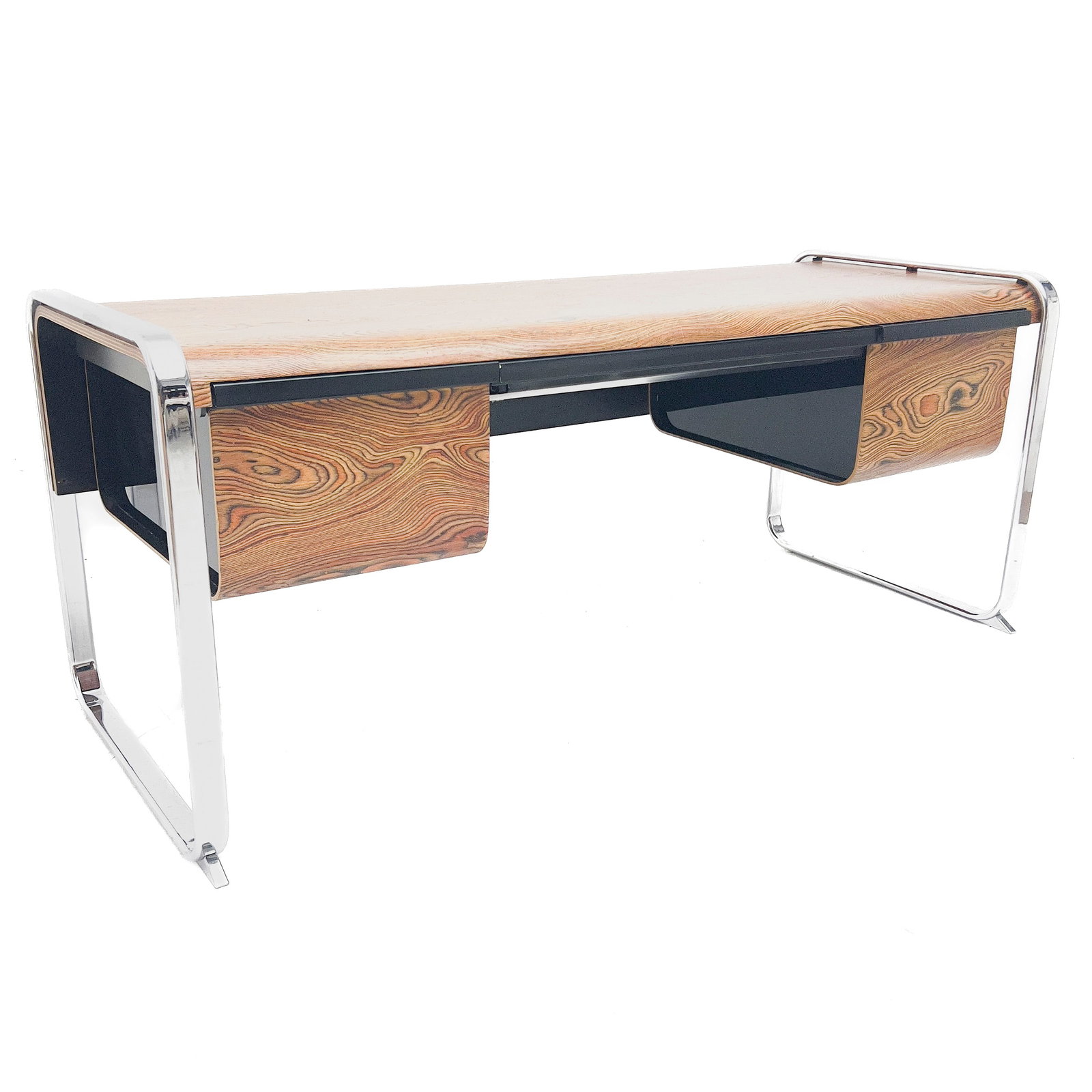 Peter Protzmann - Zebrawood Desk for Herman Miller: Lot 160 Peter Protzmann American (1939-2017) Zebrawood Desk for Herman Miller (c. 1971) Zebrawood, veneer, steel, chrome 25 x 65 x 26 inches labeled Description: A mid-century modern office desk d