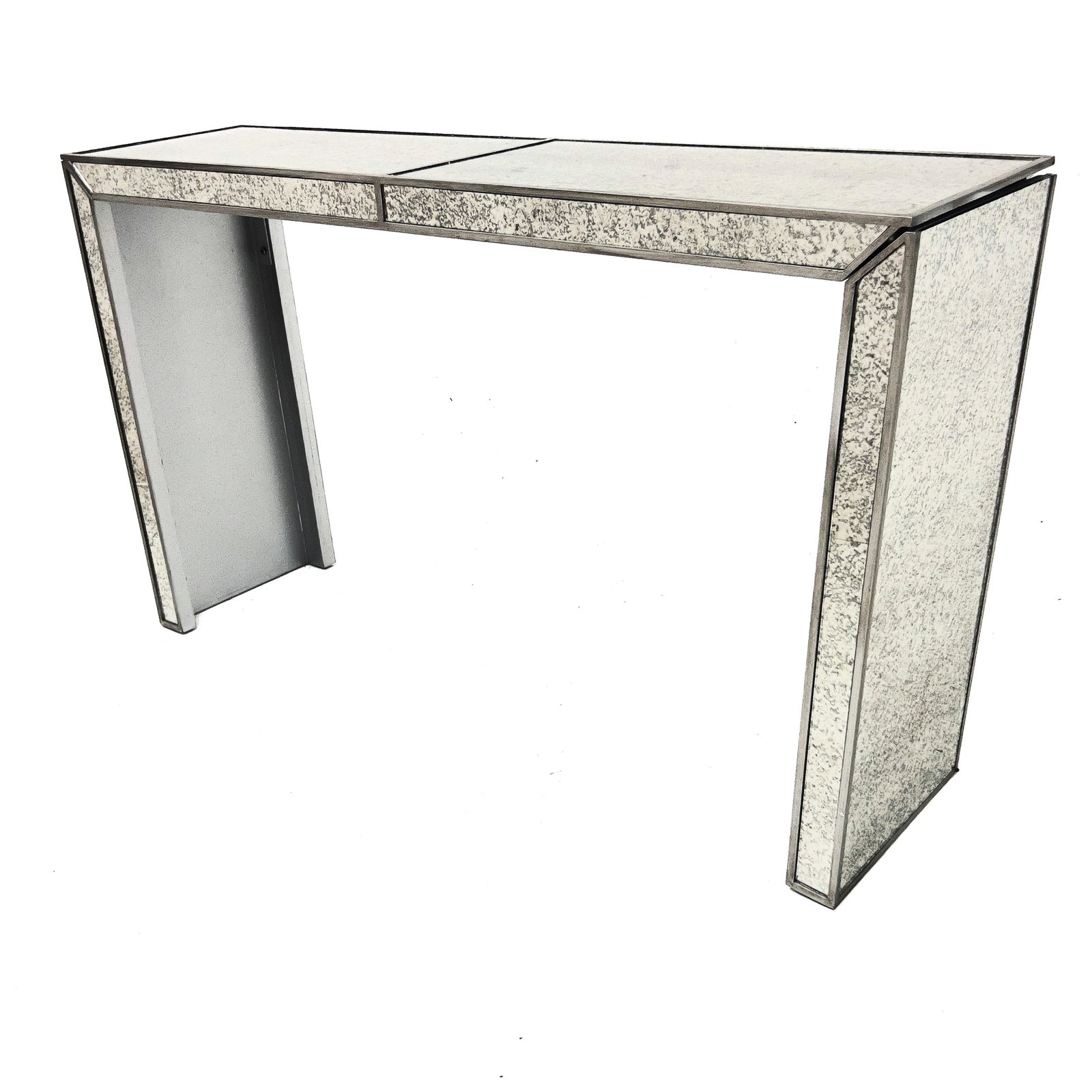 Contemporary Mirrored Glass Console Table: Lot 173 Contemporary Mirrored Glass Console Table Mirrored glass, wood, metal 32 1/4 x 55 x 14 inches Description: An antique-finish smoked mirrored glass console table featuring flush-mounted panels 