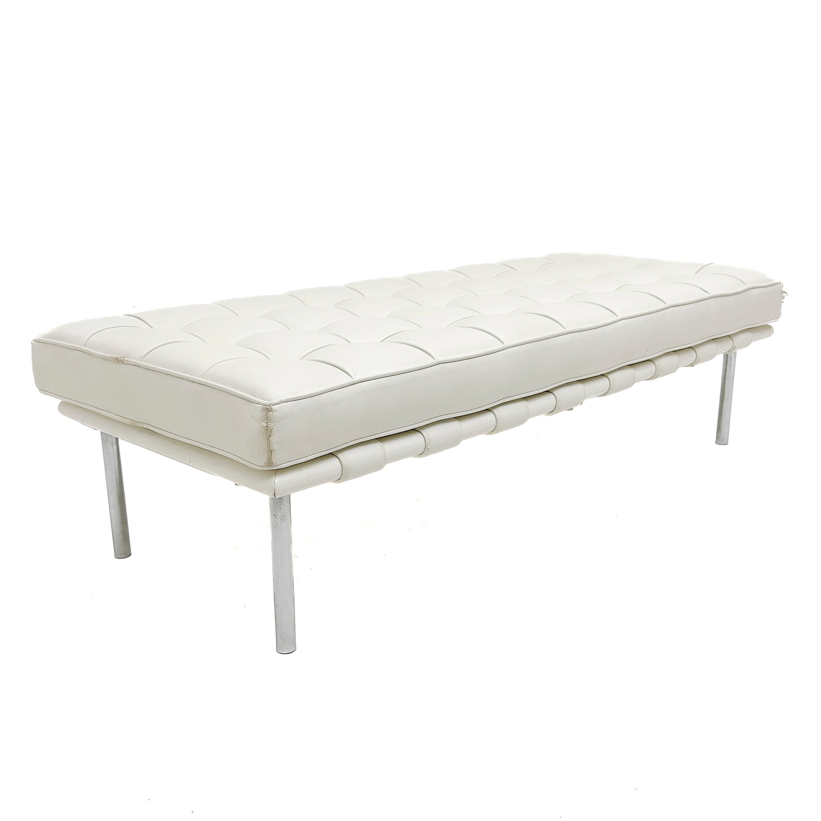 Barcelona Style End of Bed Bench: Lot 176 Barcelona Style End of Bed Bench Leather, wood, foam, metal 14 1/2 x 21 x 49 1/2 inches Description: A Barcelona style end of bed bench featuring button-tufted leather upholstery over a