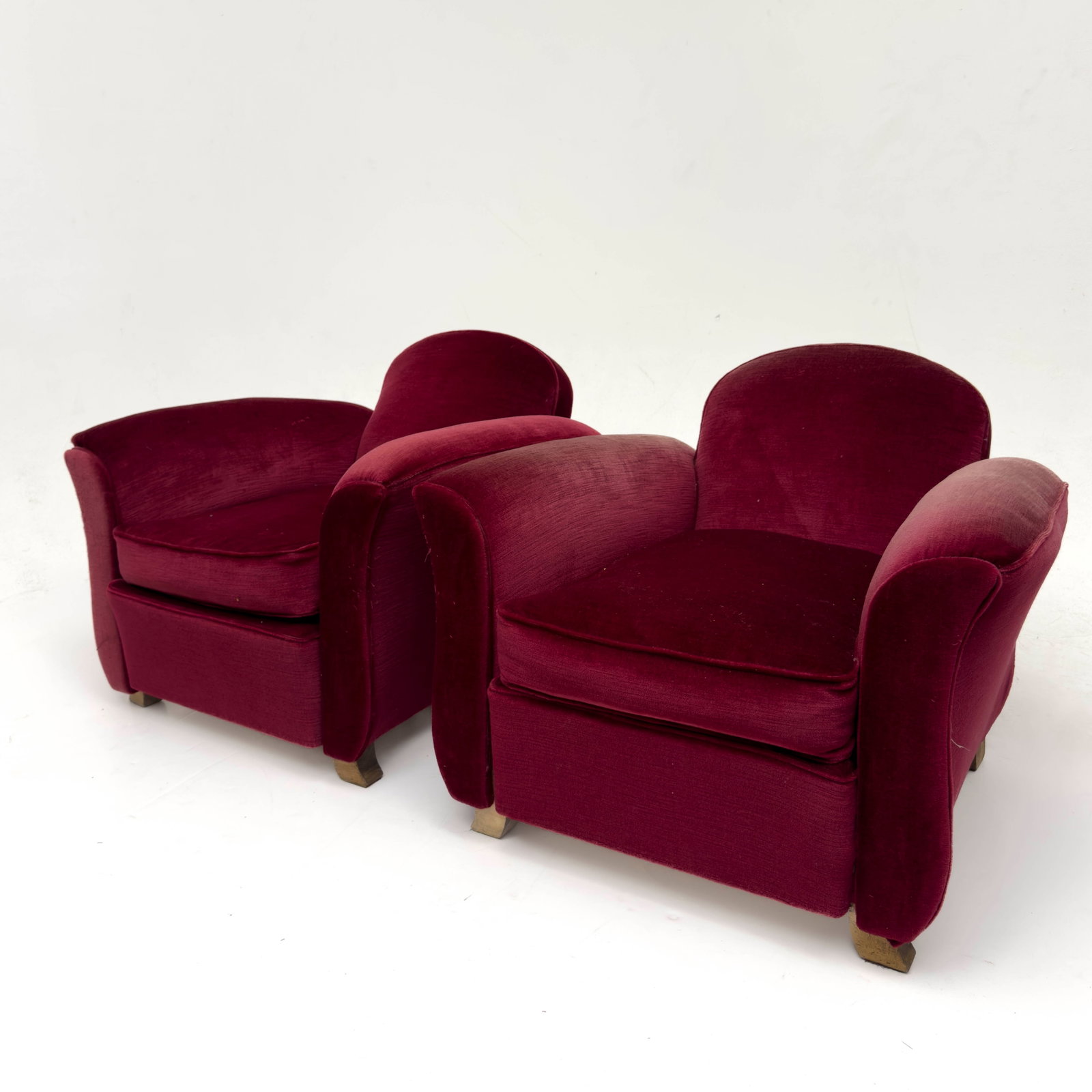 A Pair of French Art Deco Club Chairs: Lot 184 A Pair of French Art Deco Club Chairs (2nd Quarter 20th-Century) Wood, Cotton Velvet, Burlap each: 26 1/2 x 35 1/2 x 35 inches seat: 16 inches Description: A pair of French Art Deco club chair