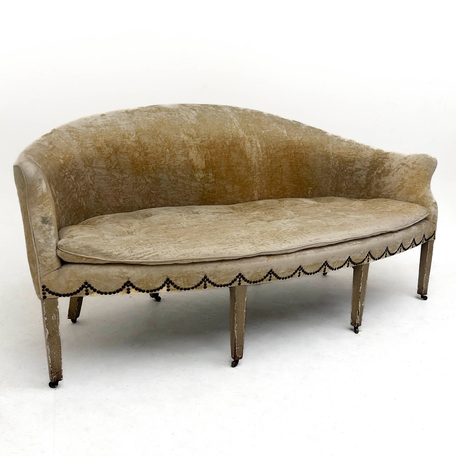 A Venetian Chinoiserie Painted and Parcel-Gilt Sofa: Lot 226 A Venetian Chinoiserie Painted and Parcel-Gilt Sofa (19th Century) Wood, textile, gesso, paint, gold leaf, brass 36 x 74 x 40 inches Seat: 16 inches Description: A Venetian Chinoiserie style s