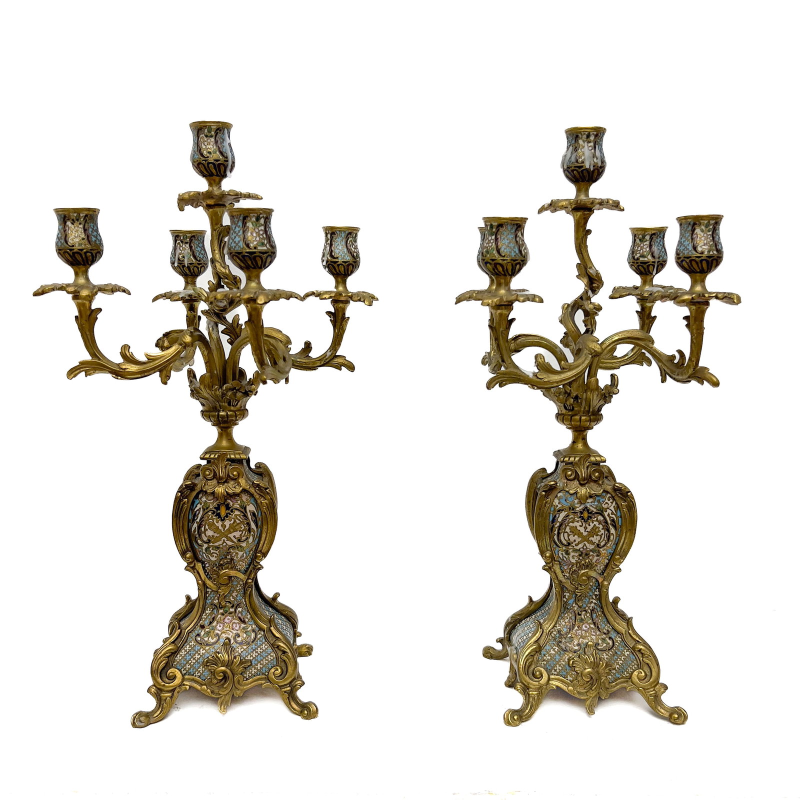 Rococo Revival Brass and Champlevé Enamel Candelabra: Lot 272 Rococo Revival Brass and Champlevé Enamel Candelabra (Late 19th Century) Brass, champlevé enamel each: 18 x 9 x 9 inches Description: A pair of cast brass five-light candelabra, each