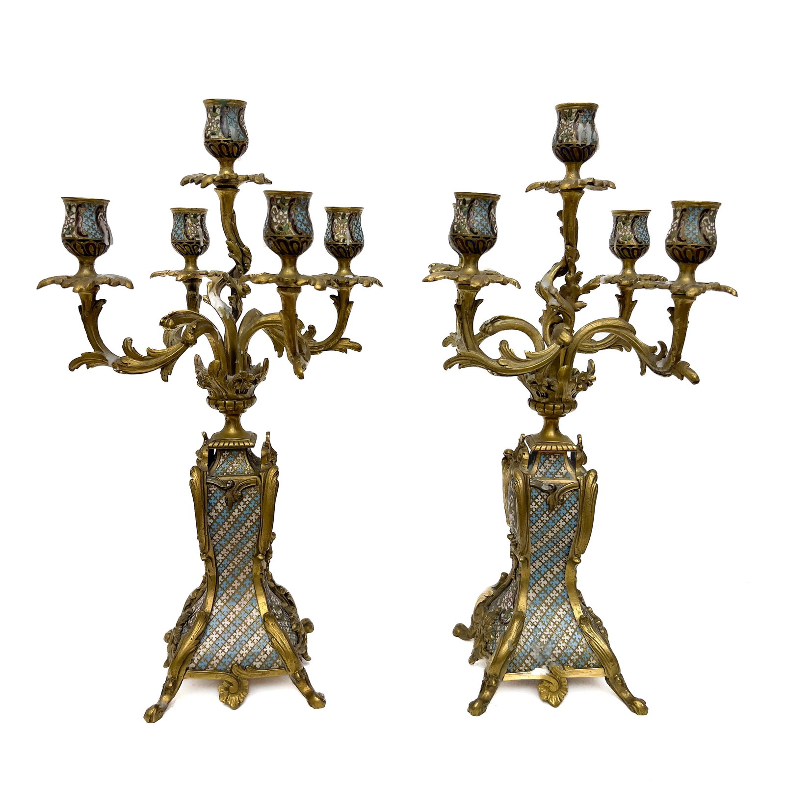 Rococo Revival Brass and Champlevé Enamel Candelabra - 2