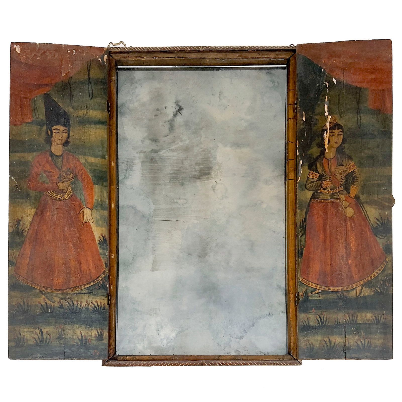 A Persian Style Qajar Lacquered Wood Traveling Mirror: Lot 281 A Persian Style Qajar Lacquered Wood Traveling Mirror (19th Century) Lacquered wood, paint, gold leaf, mirror glass with hinges open: 28 3/4 x 31 3/4 x 1 1/2 inches Description: A Persian styl