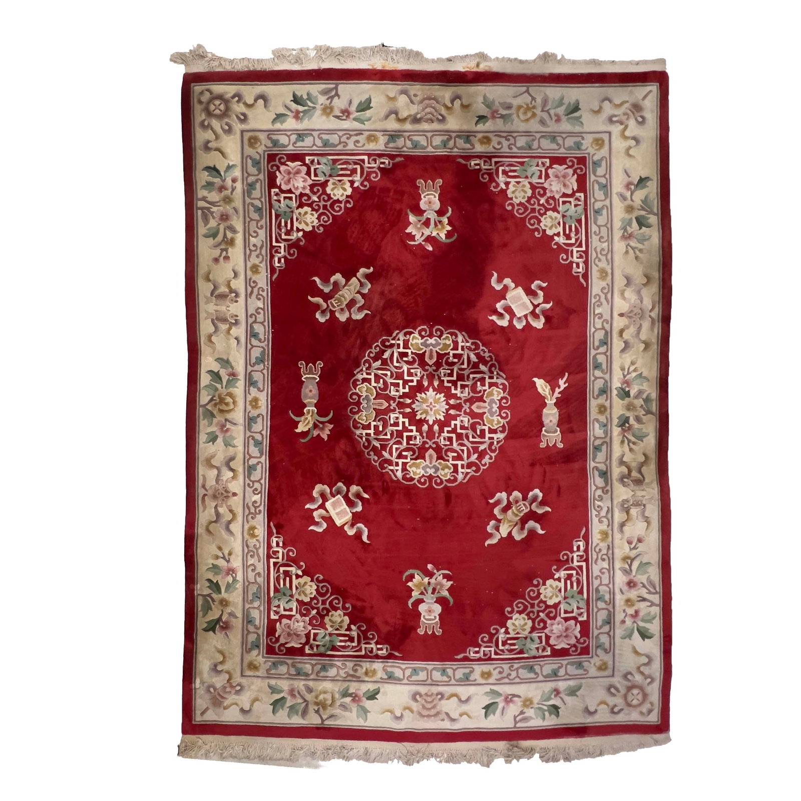 Chinese Nichols Style Rug: Lot 297 Chinese Nichols Style Rug (20th Century) Wool, cotton Description: A Chinese Nichols style wool pile rug featuring a vibrant red field centered by a large circular cream and pink interlocking