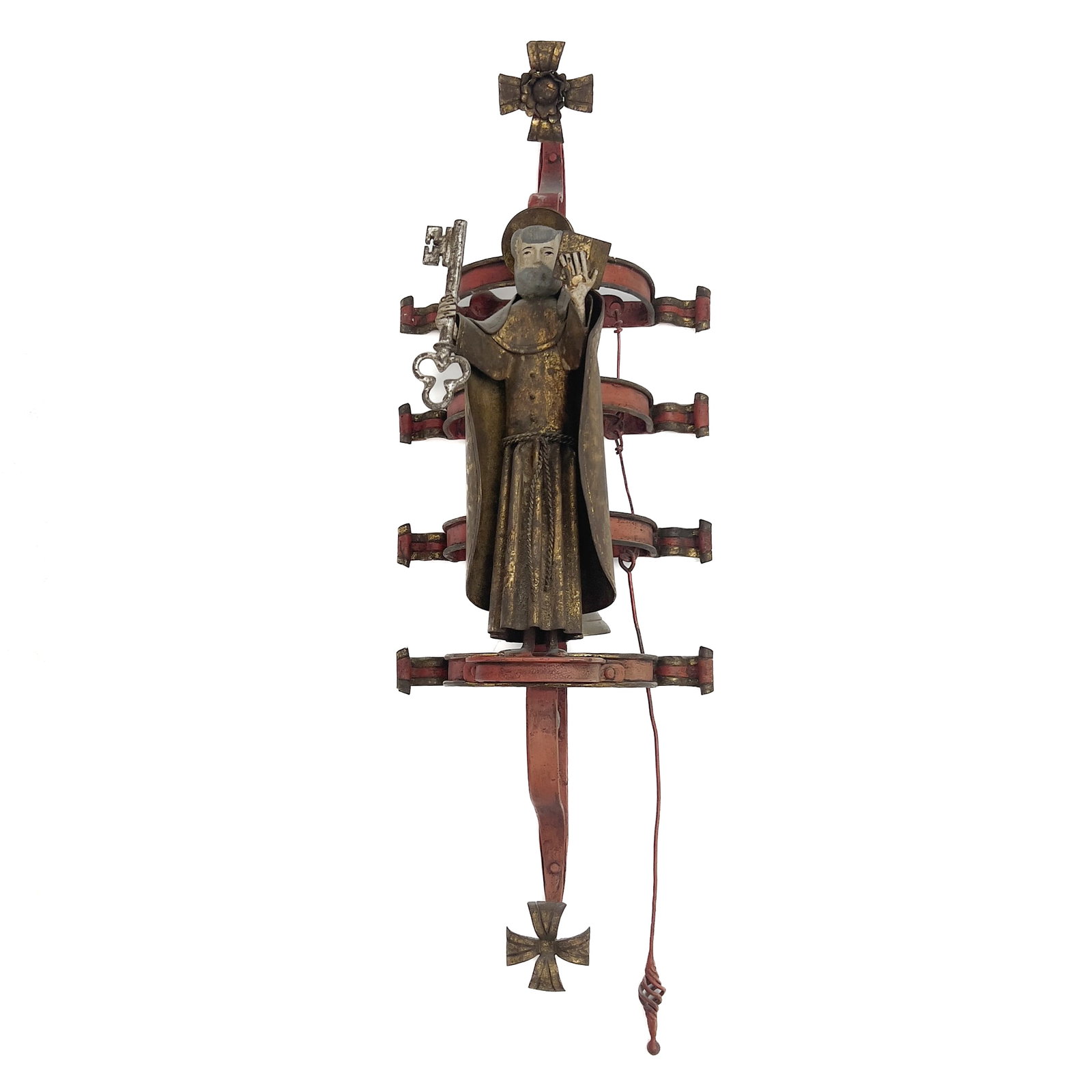 Religious Carillon or Sanctus Bell: Lot 328 Religious Carillon or Sanctus Bell (19th/20th Century) Iron, paint, brass 35 x 11 x 9 inches Description: A mechanical religious wall-mounted sanctus bell assembly constructed from painted iro