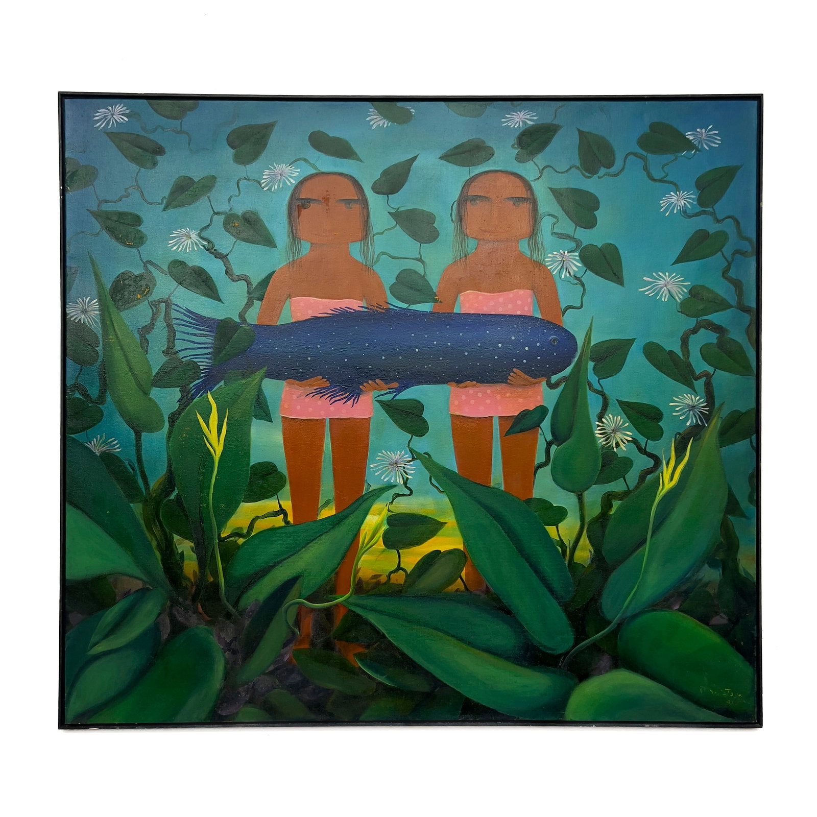 Jorge Drosten - Amelia y Amalia: Lot 18 Jorge Drosten Colombian (XX/XXI) Amelia y Amalia (1991) oil on canvas 53 1/2 x 59 inches signed lower right Frame details: wood strip frame, dimensions: 54 1/2 x 60 Provenance: The Collection
