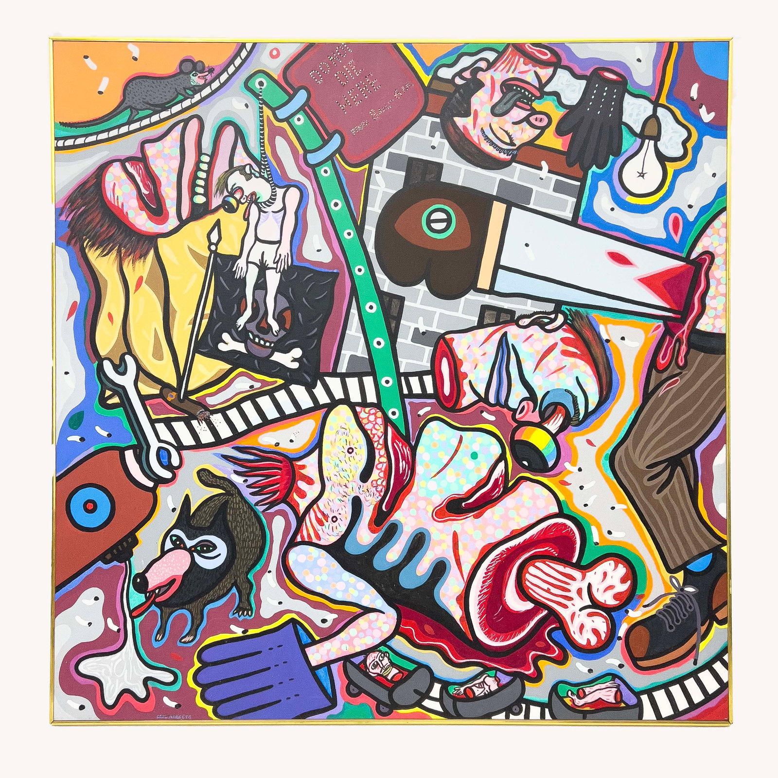 Luis Cruz Azaceta - \”Do Not Die\” Here From 8am to 6pm Resultados del Tiempo: Lot 30 Luis Cruz Azaceta Cuban (b. 1942) \”Do Not Die\” Here From 8am to 6pm Resultados del Tiempo (1978) acrylic on canvas 66 x 66 inches signed lower left Frame details: thin gilt wo