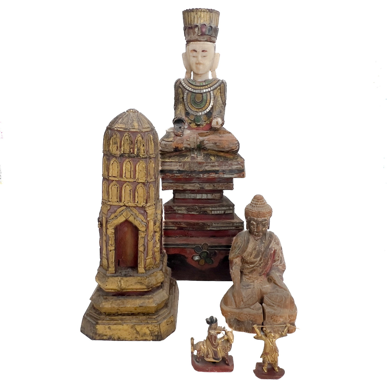 An Assembled Collection of Six Asian Carved, Gilded, and Polychrome Wood Figures and Architectural: Lot 3 An Assembled Collection of Six Asian Carved, Gilded, and Polychrome Wood Figures and Architectural Models (19th/20th Century) Wood, gilt lacquer, polychrome enamel, pigment. largest: 29 1/4 x