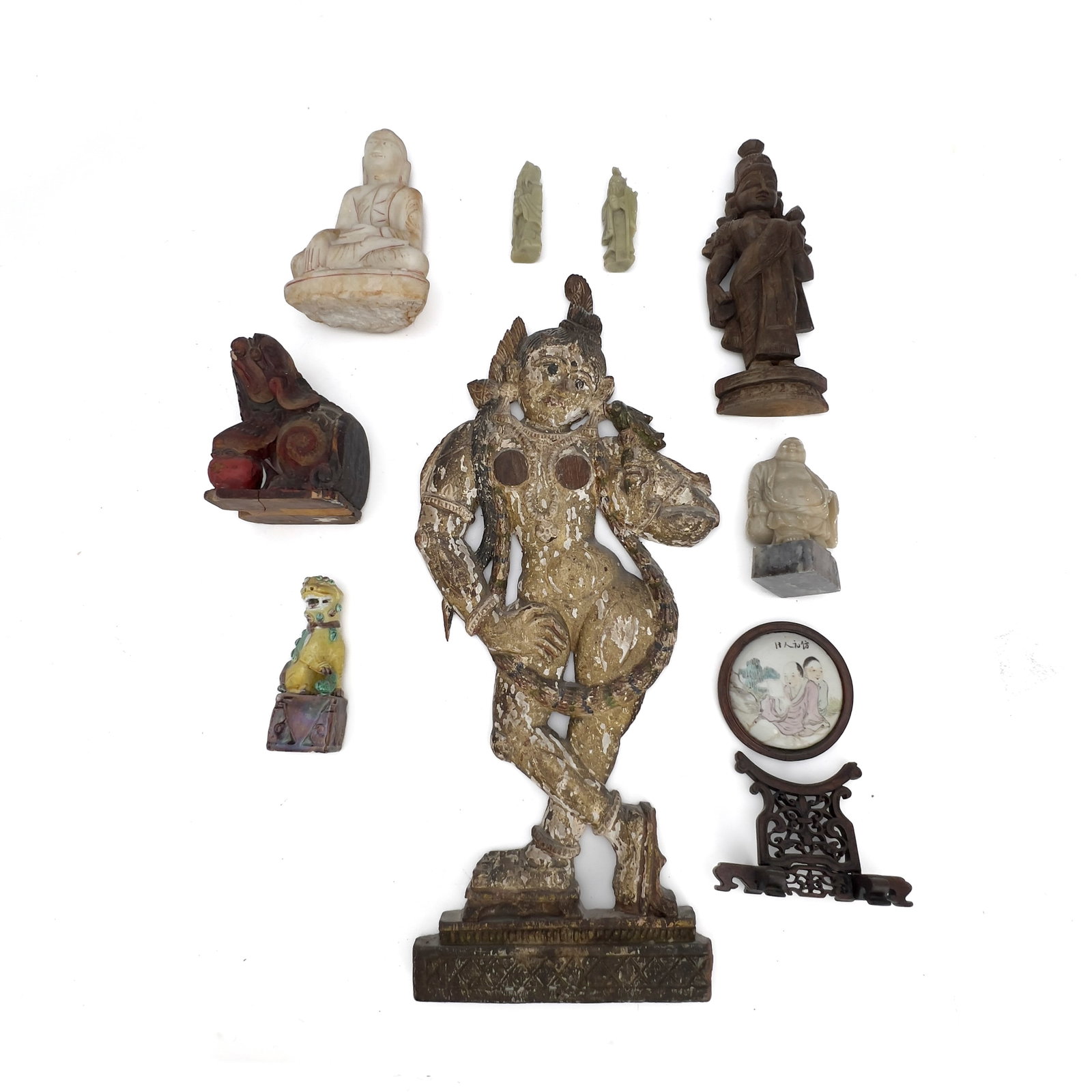 A Group of Chinese Decorative Hardstone, Porcelain Plaque, and Wood Objects: Lot 12 A Group of Chinese Decorative Hardstone, Porcelain Plaque, and Wood Objects (19th/20th Century) Soapstone, hardstone, wood, porcelain largest: 20 1/4 x 9 x 1/2 inches Description: An assorted