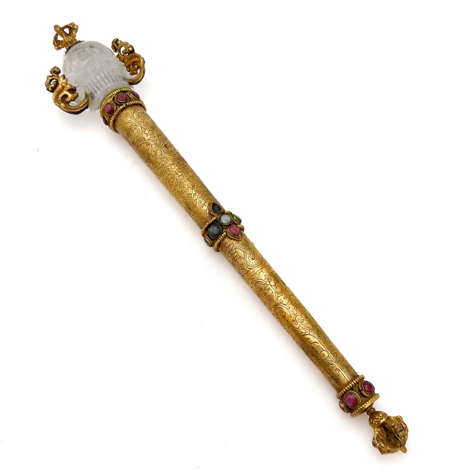 Rock Crystal Scepter: Lot 15 Rock Crystal Scepter (19th/20th Century) 17 7/8 x 3 3/4 x 1 3/4 inches Description: An ornamental gilt metal scepter featuring an chased cylindrical shaft terminating in an integrated lower
