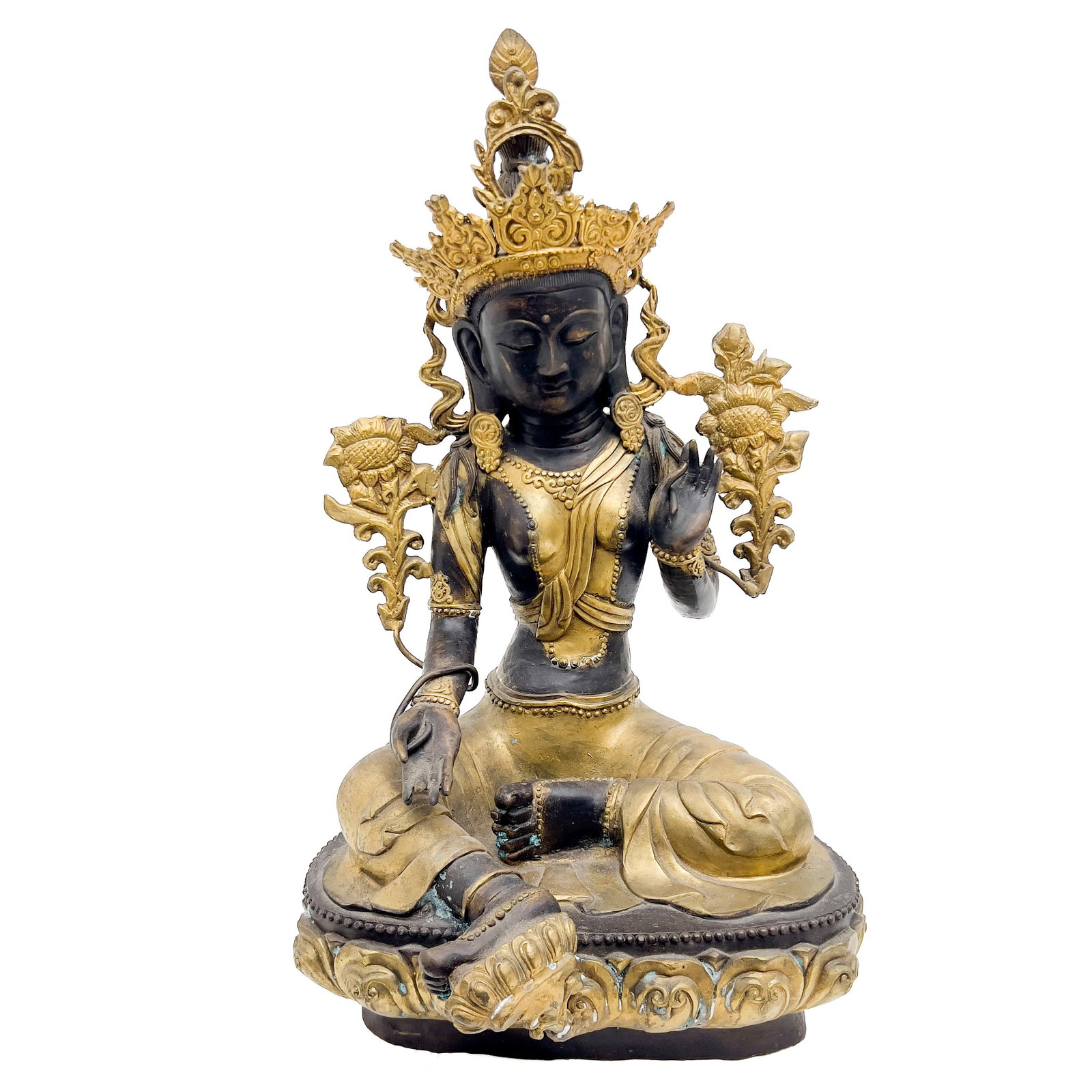 Parcel-Gilt Bronze Cast Seated Tara: Lot 19 Parcel-Gilt Bronze Cast Seated Tara (19th Century) Bronze, Gold Gilding 22 x 11 x 10 1/2 inches Description: An Asian parcel-gilt bronze cast figure depicting a seated Tara, positioned on a