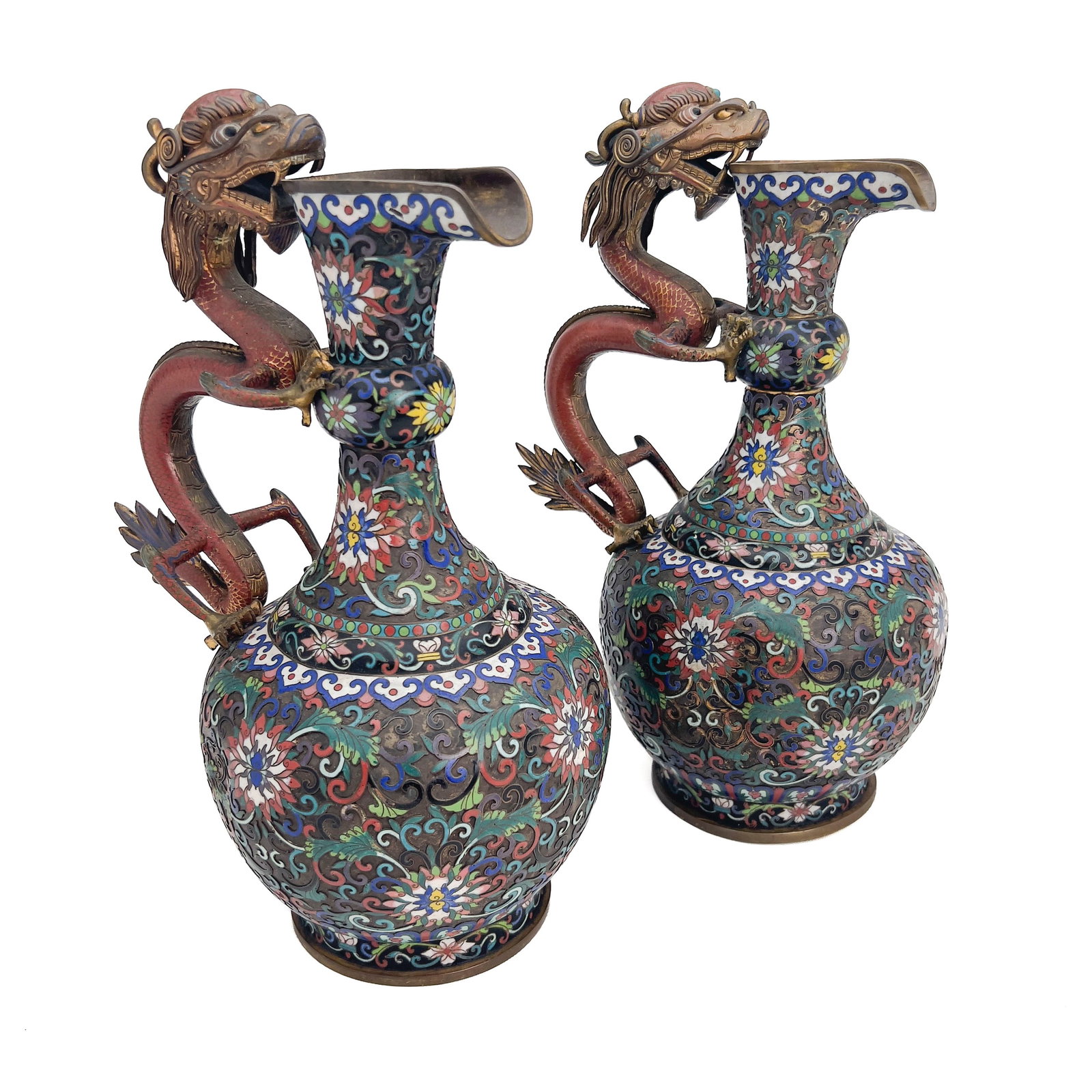 A Pair of Chinese Cloisonné Enamel Vases with Dragon Handles: Lot 23 A Pair of Chinese Cloisonné Enamel Vases with Dragon Handles ( Late Qing Dynasty / Republic Period) Gilt bronze, cloisonné enamel, brass 12 1/4 x 8 1/2 x 6 1/2 inches Description: A p