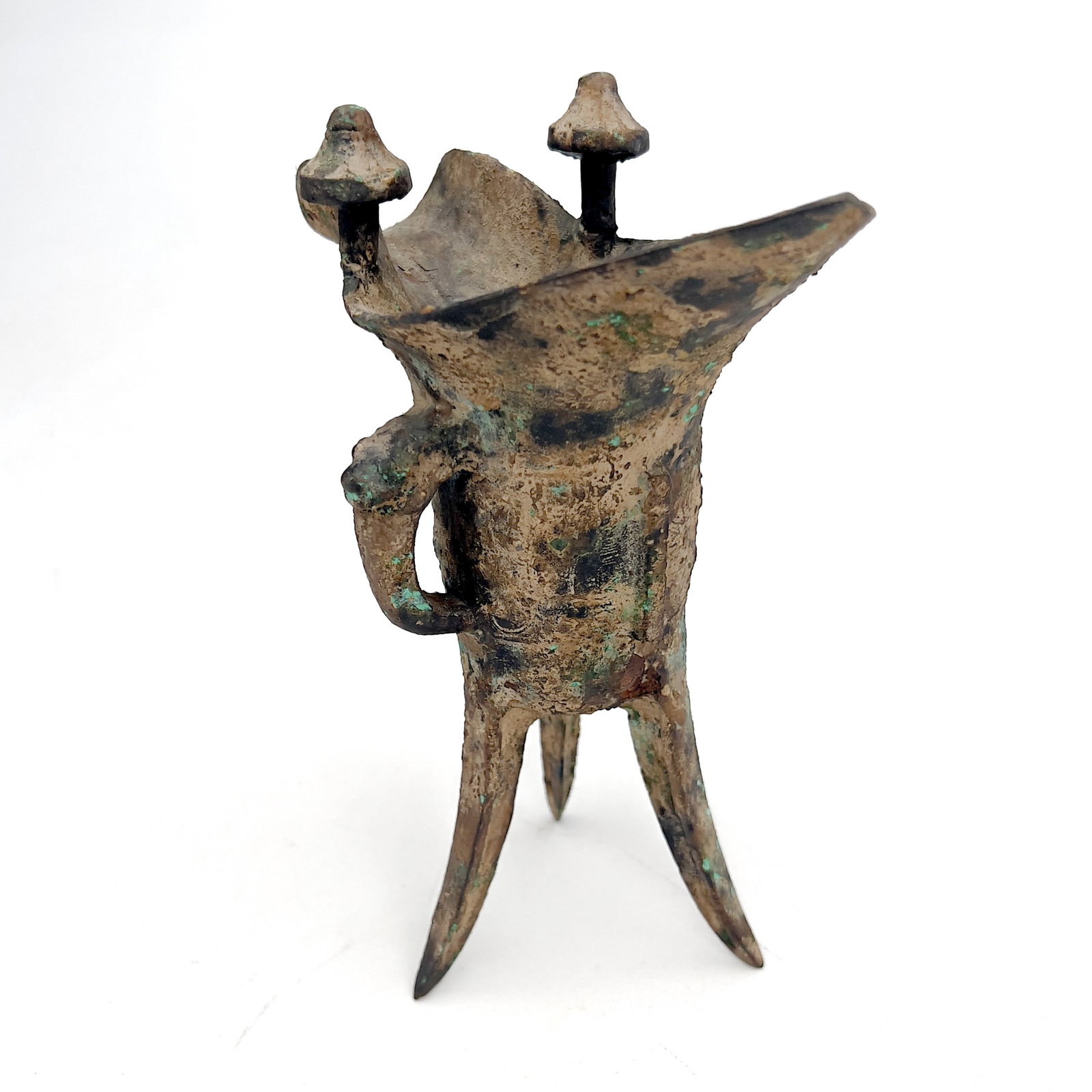 An Archaistic Chinese Patinated Bronze Ritual Wine Vessel, Jue (1 of 6)