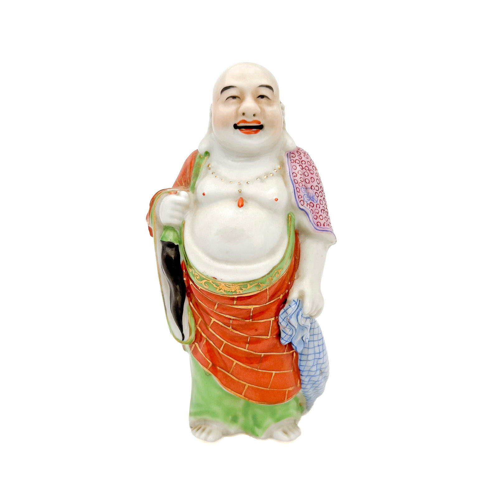 A Chinese Famille Rose Porcelain Standing Laughing Buddha: Lot 34 A Chinese Famille Rose Porcelain Standing Laughing Buddha Enameled porcelain, gilt accents 6 1/2 x 3 1/2 x 3 inches Description: A 20th-century Chinese Famille Rose porcelain figure depicting a