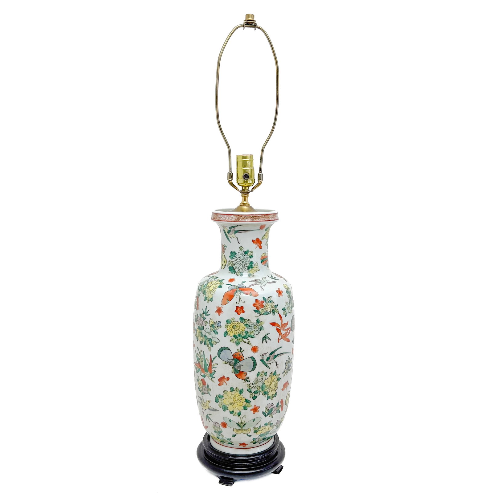 Chinese Porcelain Famille Rose Vase Mounted as Lamp: Lot 36 Chinese Porcelain Famille Rose Vase Mounted as Lamp porcelain, wood vase: 18 x 7 inches overall height: 33 1/2 inches Description: A Chinese export porcelain vase lamp mounted as a lamp featuri