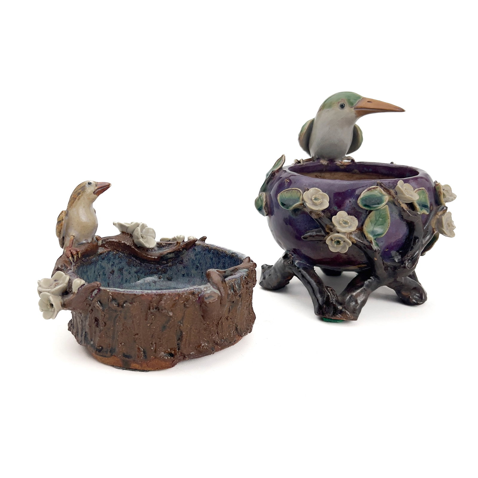 Two Chinese Shiwan Glazed Stoneware Bird Bowls: Lot 38 Two Chinese Shiwan Glazed Stoneware Bird Bowls (Late 19th or Early 20th Century) Stoneware, ceramic glaze larger: 7 3/4 x 9 x 7 inches incised to foot Description: Two un-matched antique or vin