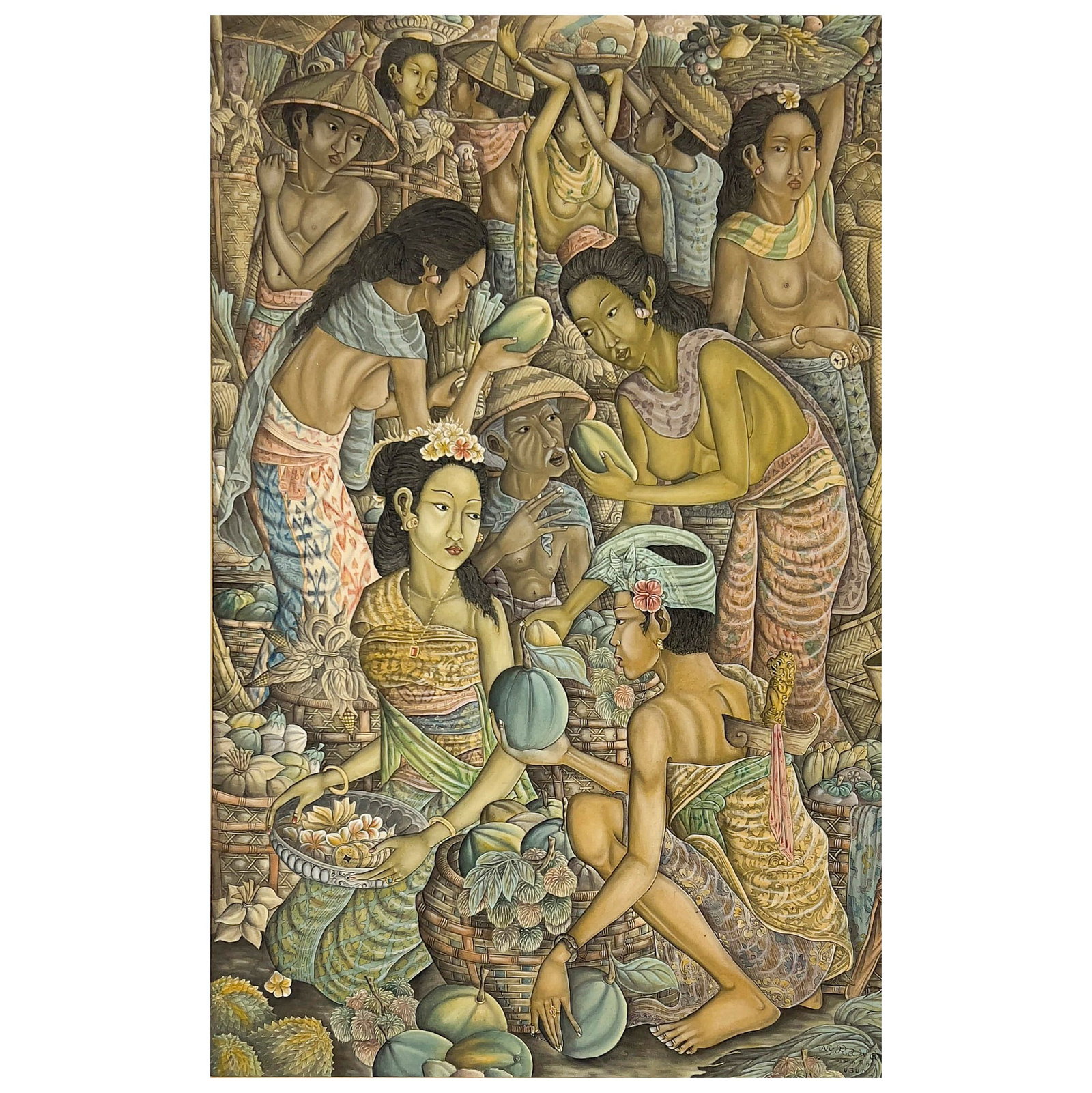 Balinese Painting (Open Air Market Scene): Lot 50 Balinese Painting (Open Air Market Scene) acrylic on cotton on board sight: 54 x 32 inches signed NY Rawa lower right Frame details: framed, 63 x 42 Additional information: inscribed \”P