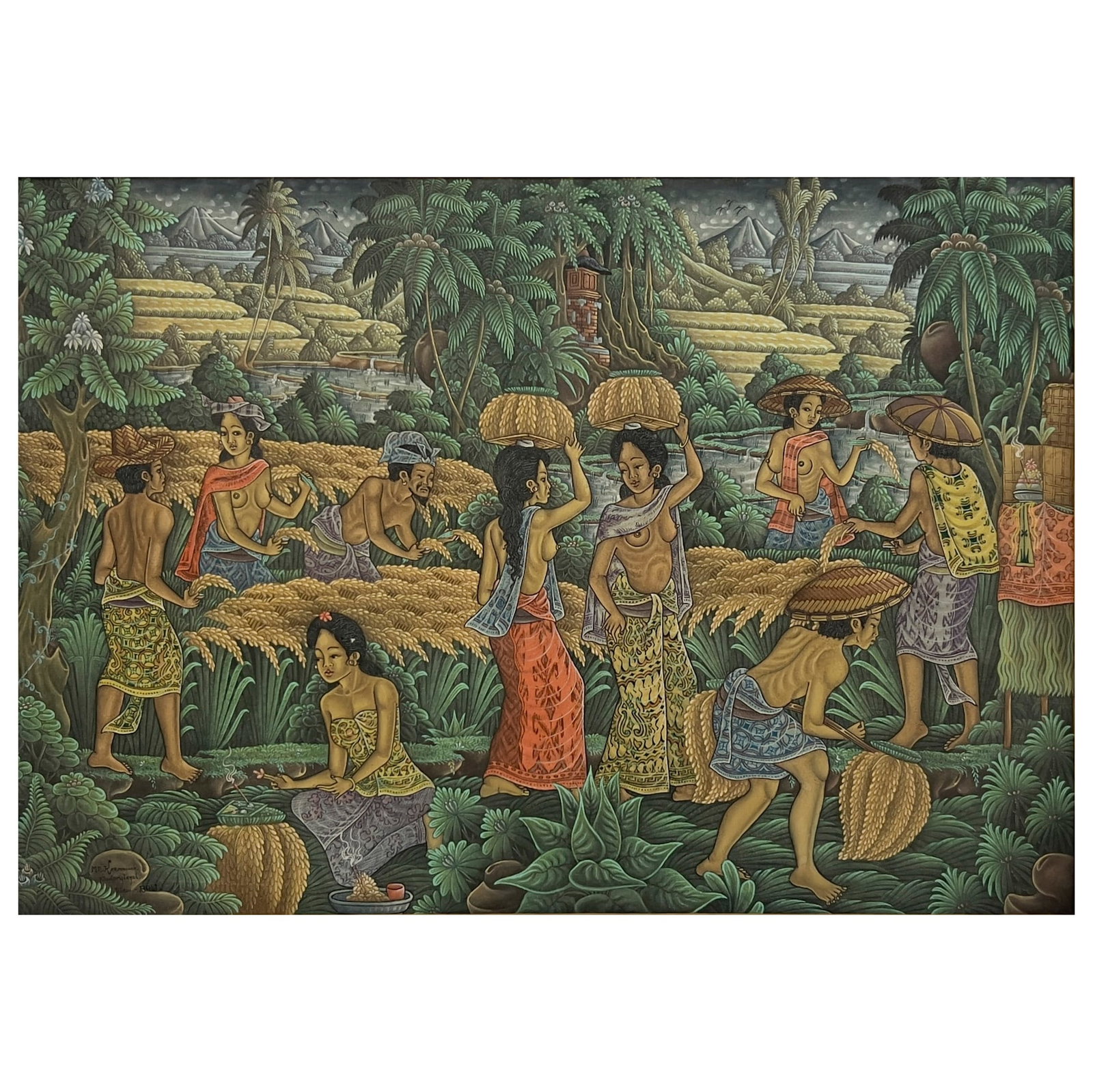 Balinese Painting (Farming Scene): Lot 51 Balinese Painting (Farming Scene) acrylic on cotton sight: 17 1/4 x 25 inches signed M.V. Karmayasa lower left Frame details: framed, 21 1/4 x 29 inches Additional information: inscribed \