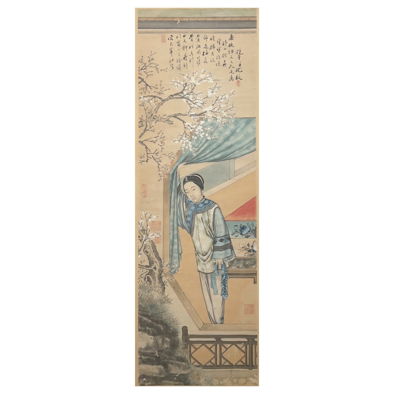 A Chinese Painting - Woman in a Garden Pavilion Under Cherry Blossoms (1 of 3)