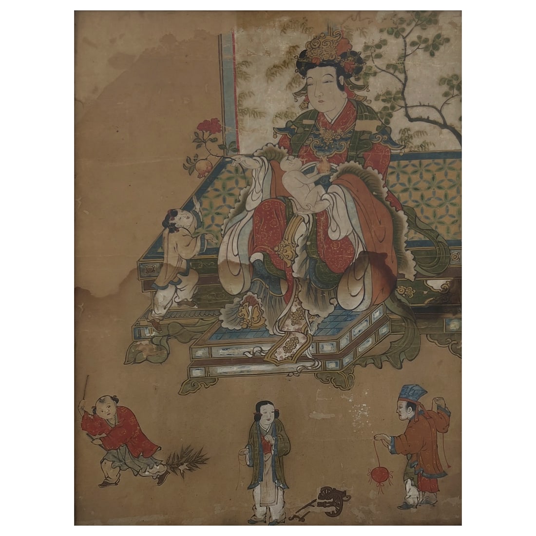 Chinese Painting - Noble Woman with Children and Pomegranates: Lot 54 Chinese Painting - Noble Woman with Children and Pomegranates tempera on paper sight: 17 1/2 x 13 1/2 inches Frame details: Wood frame with glazing: 19 x 15 x 1/2 inches Provenance: From a Priv