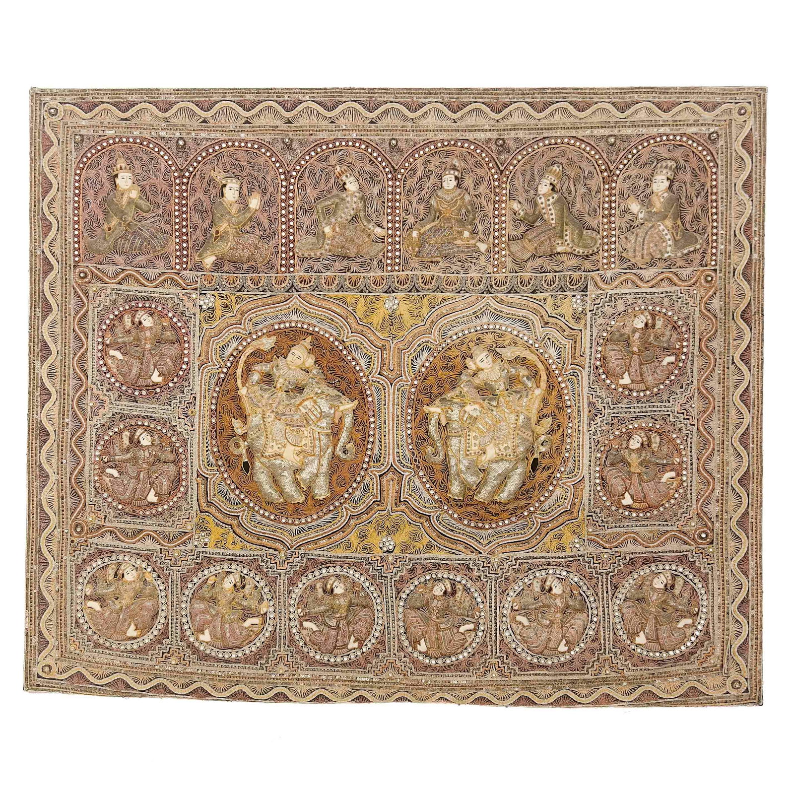 Burmese Kalaga Ramayana Tapestry Quilted Embroidery Quilted Embroidery: Lot 55 Burmese Kalaga Ramayana Tapestry Quilted Embroidery Quilted Embroidery sequins, gilt thread, beads, felt foundation 48 x 58 x 1 inches Description: A Burmese kalaga tapestry of rectangular form