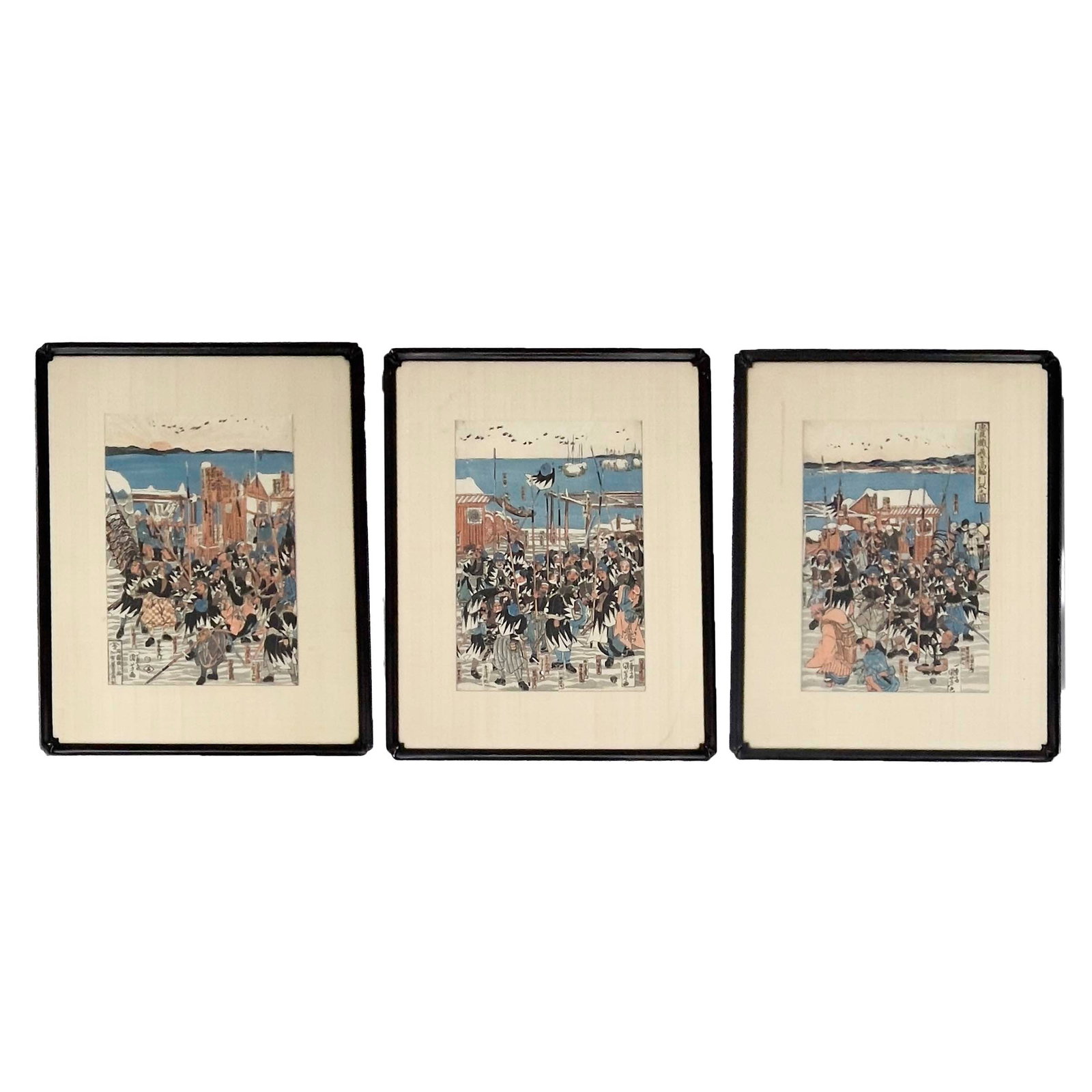 Utagawa Kuniyoshi - Chushingura: The 47 Ronin Reitre to Takanawa: Lot 56 Utagawa Kuniyoshi Japanese (1797-1861) Chushingura: The 47 Ronin Reitre to Takanawa woodblock print sight (each): 14 x 9 3/4 inches with seals Description: A Japanese Edo period ukiyo-e co