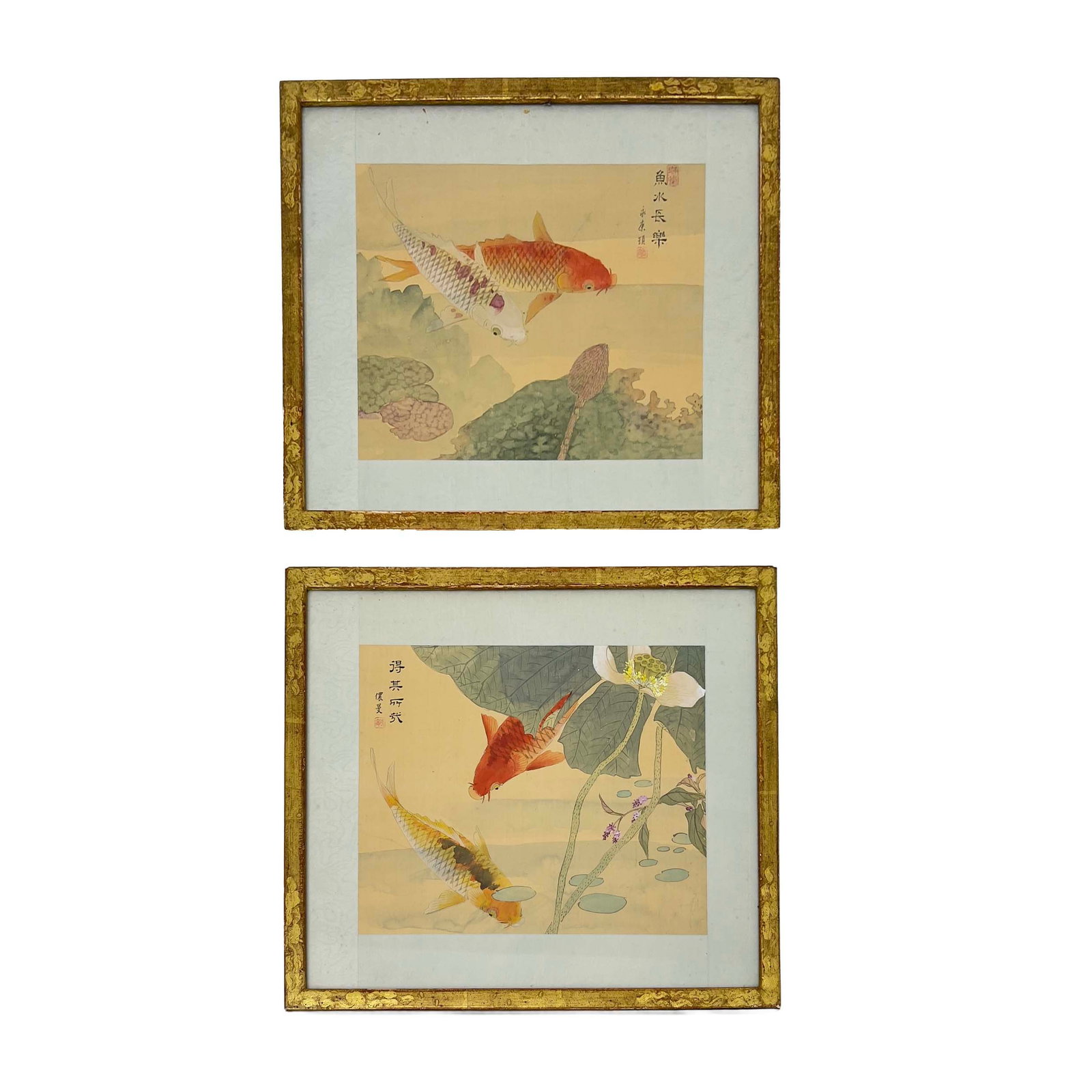 Two Chinese Goldfish Paintings on Silk: Lot 62 Two Chinese Goldfish Paintings on Silk (Late Qing Dynasty / Early Republic Period) Mineral pigments on silk sheet (each): 9 1/2 x 11 3/4 inches Description: An assembled pair of Chinese paintin