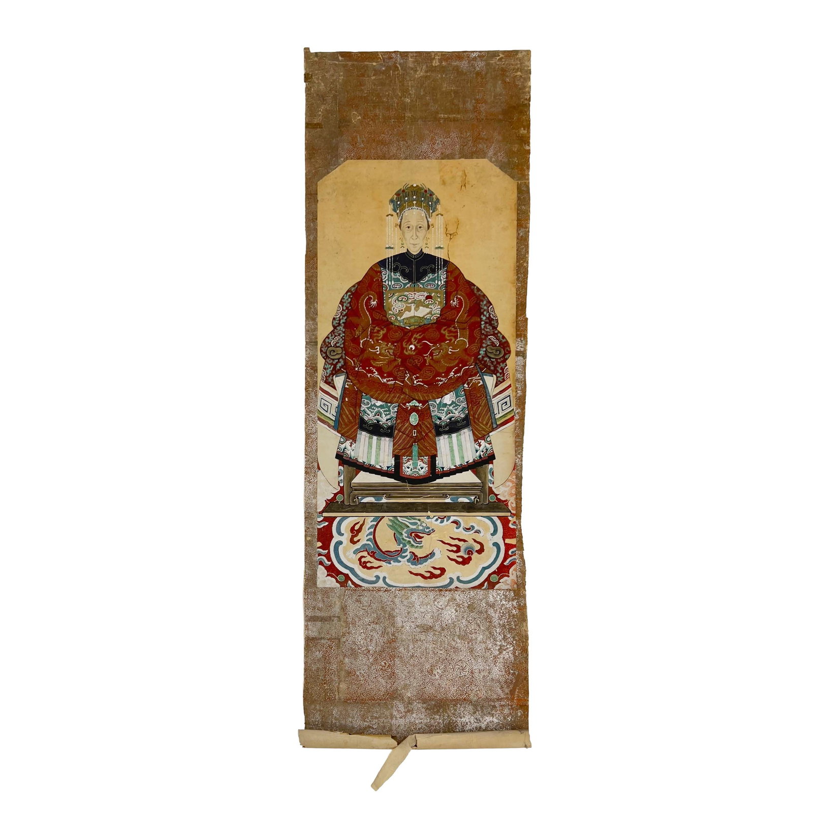 A Chinese Ancestor Portrait Hanging Scroll: Lot 63 A Chinese Ancestor Portrait Hanging Scroll Late 19th or Early 20th Century width:20 inches Description: A Chinese hanging scroll featuring an ancestor portrait executed in ink and polychrome pi