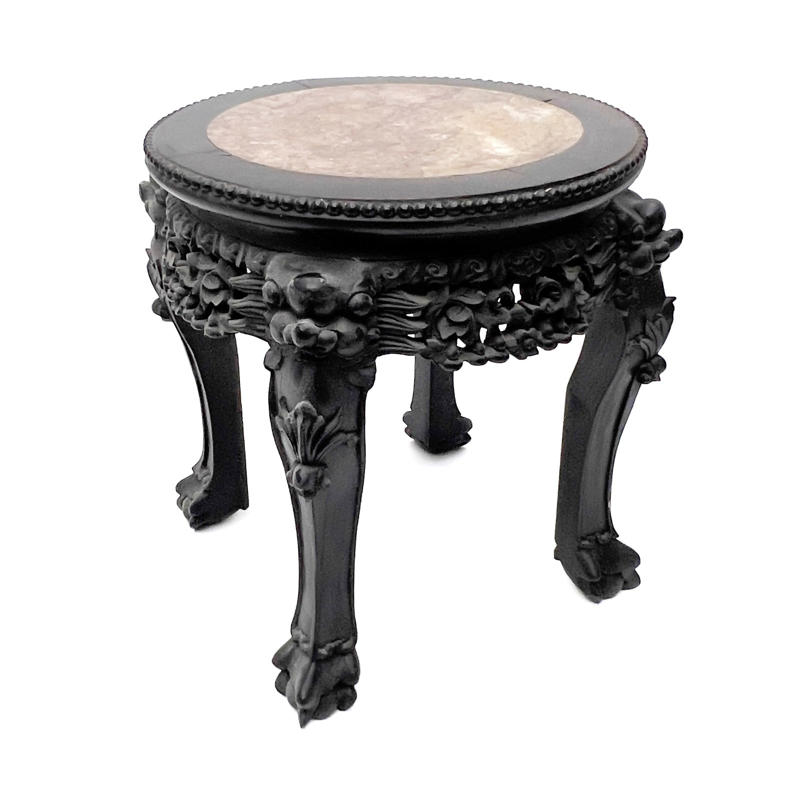 Chinese Carved Hardwood Marble-Top Round Side Table (1 of 3)