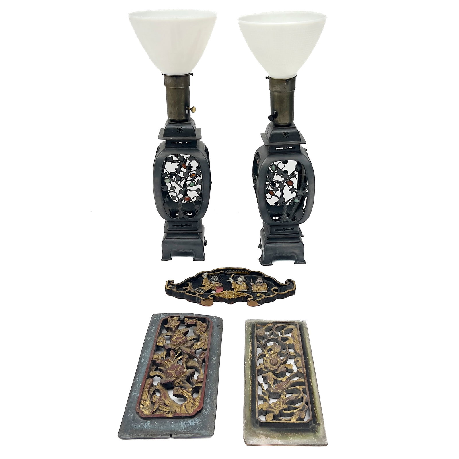 Pair of Chinese Pierced Metal Lantern-Form Table Lamps with Jade and Garnet Cabochons, and (1 of 4)