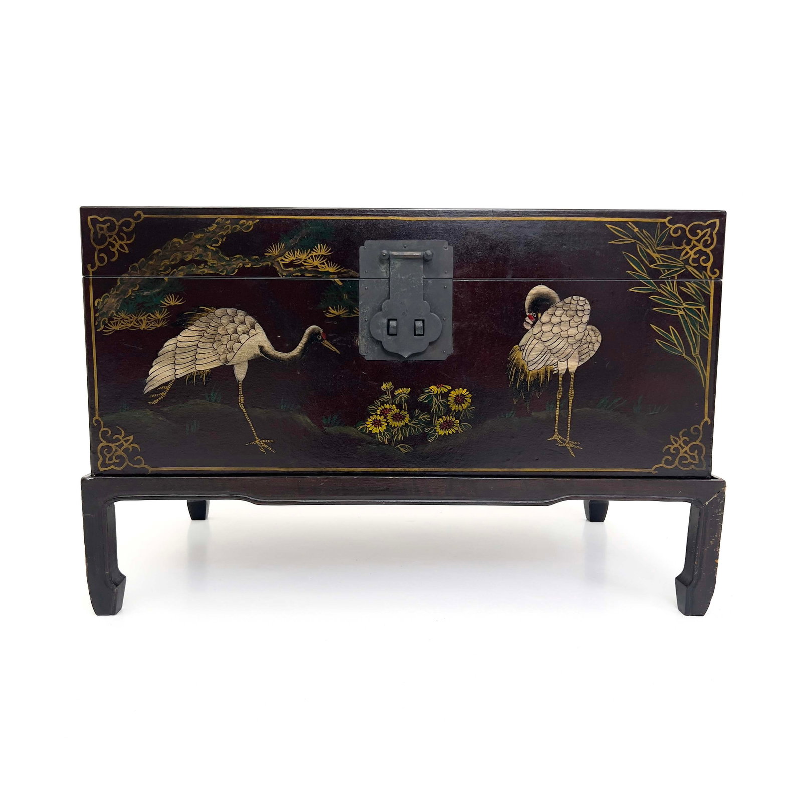 A Chinese Chinoiserie Black Lacquer Trunk on Stand (1 of 6)