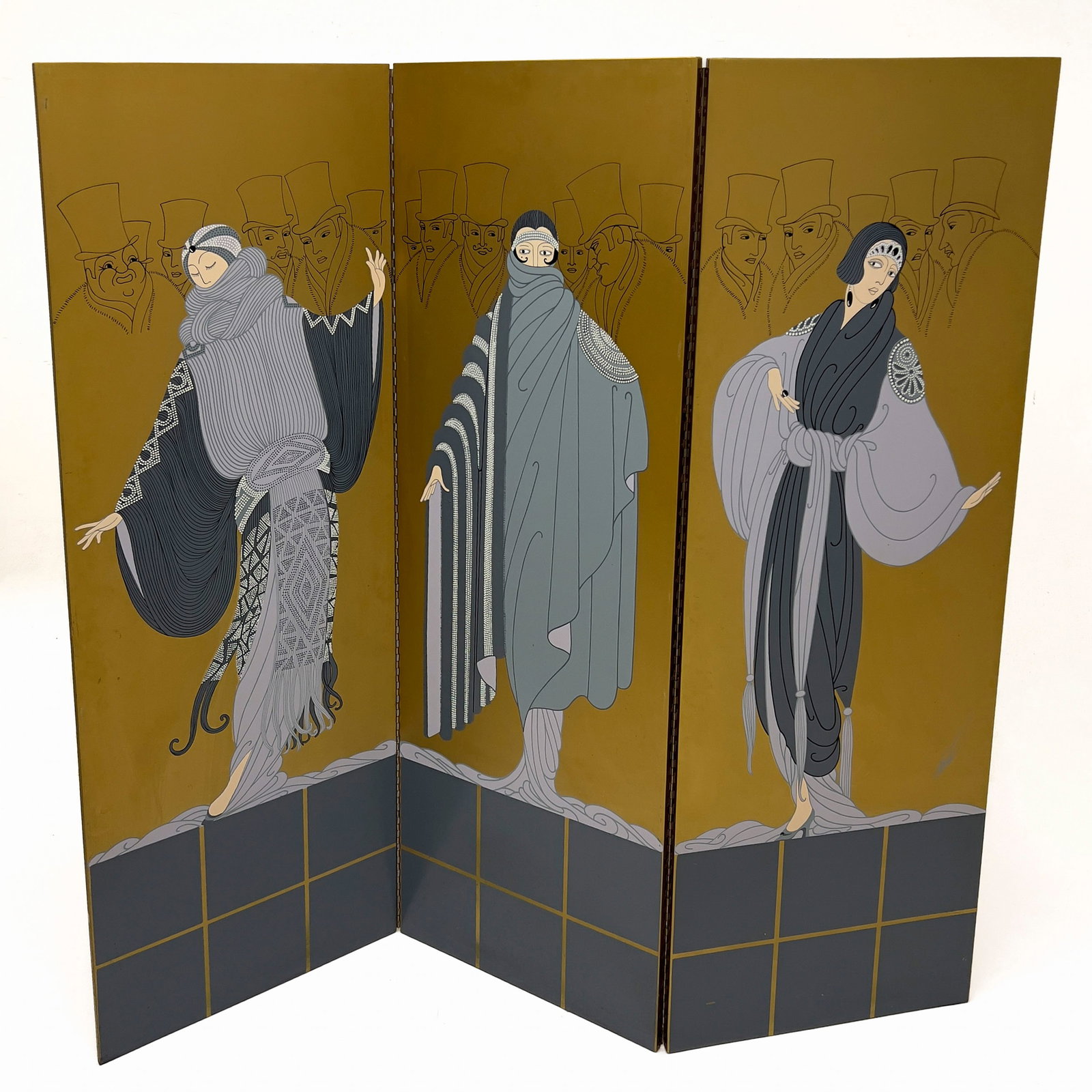 after Erté - An Art Deco Style Gilt Lacquer Three-Panel Folding Screen (1 of 6)