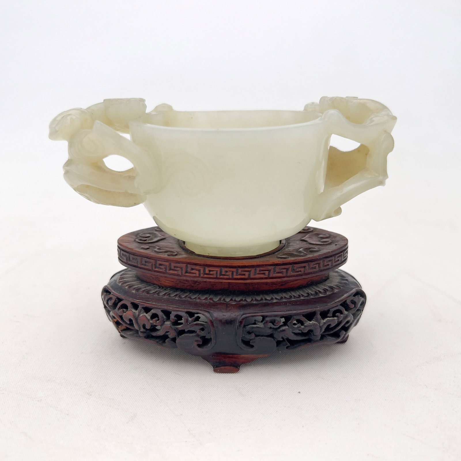 Chinese Carved Celadon Jade Twin-Handled Libation Cup on Fitted Wood Stand (1 of 3)