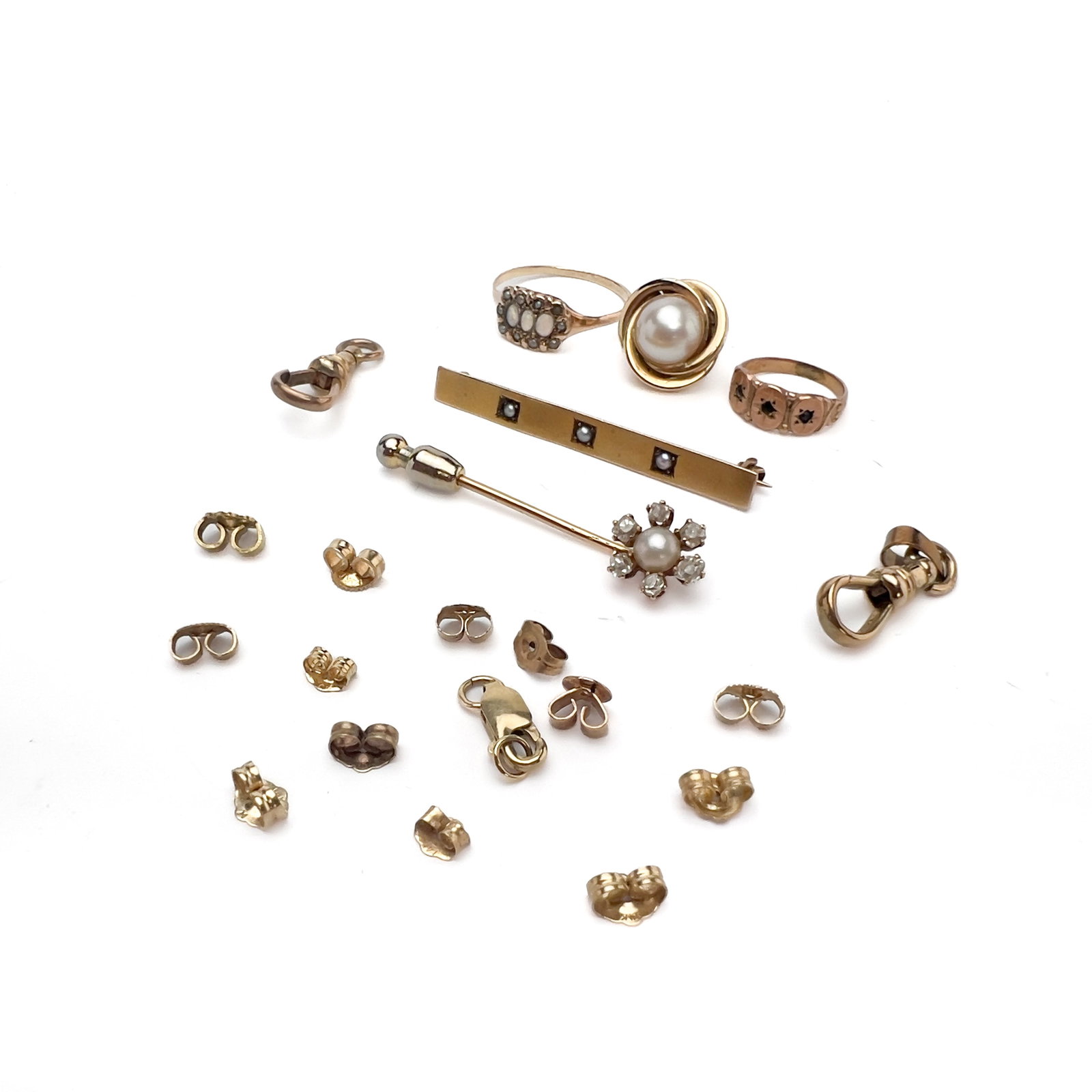 Antique Pearl and Diamond Stick Pin with Component and Ring Lot: Lot 95 Antique Pearl and Diamond Stick Pin with Component and Ring Lot 14k yellow gold, pearl, mabe pearl, opal, diamond, gemstones, base metal stamped Description: An antique Edwardian style 14k yell