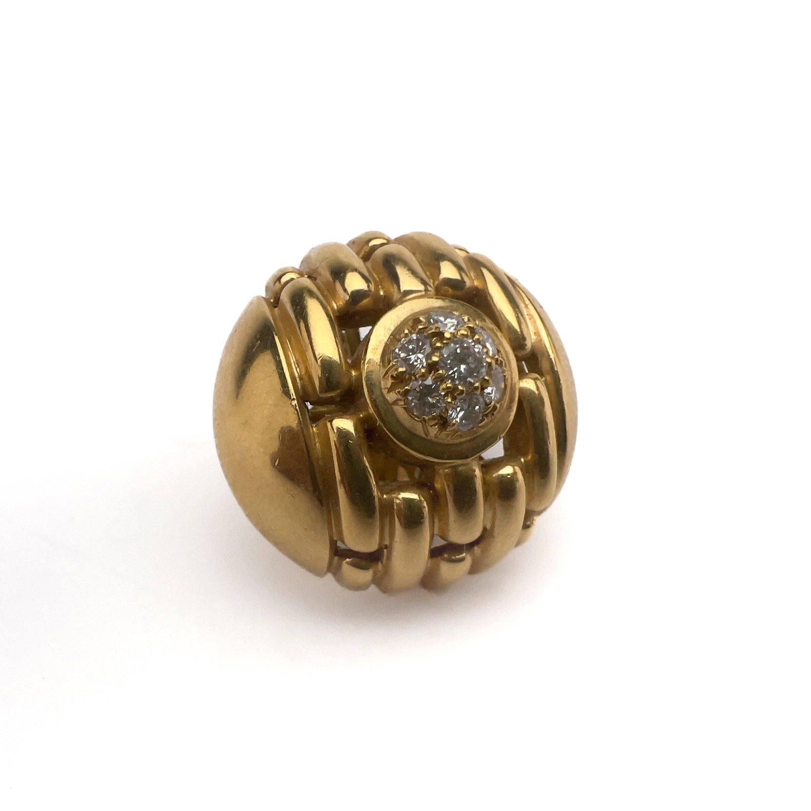 Movado - Single 18k Yellow Gold and Diamond Dome Earring: Lot 108 Movado Swiss manufacturer (est. 1881) Single 18k Yellow Gold and Diamond Dome Earring 18k yellow gold, diamond stamped Description: A single vintage cast Movado 18-karat yellow gold dome earr