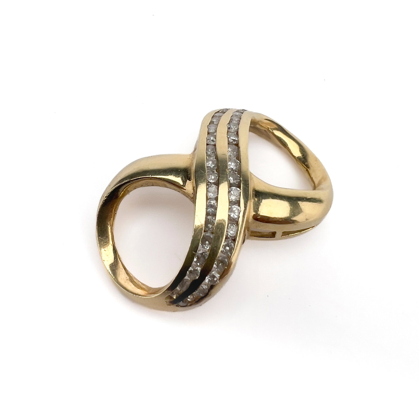 Pave Diamond, Yellow Gold Infinity Scarf Clip: Lot 109 Pave Diamond, Yellow Gold Infinity Scarf Clip 14k yellow gold, diamond Description: A vintage loop-form cast 14-karat yellow gold scarf clip designed as a fixed asymmetrical infinity ribbon mo